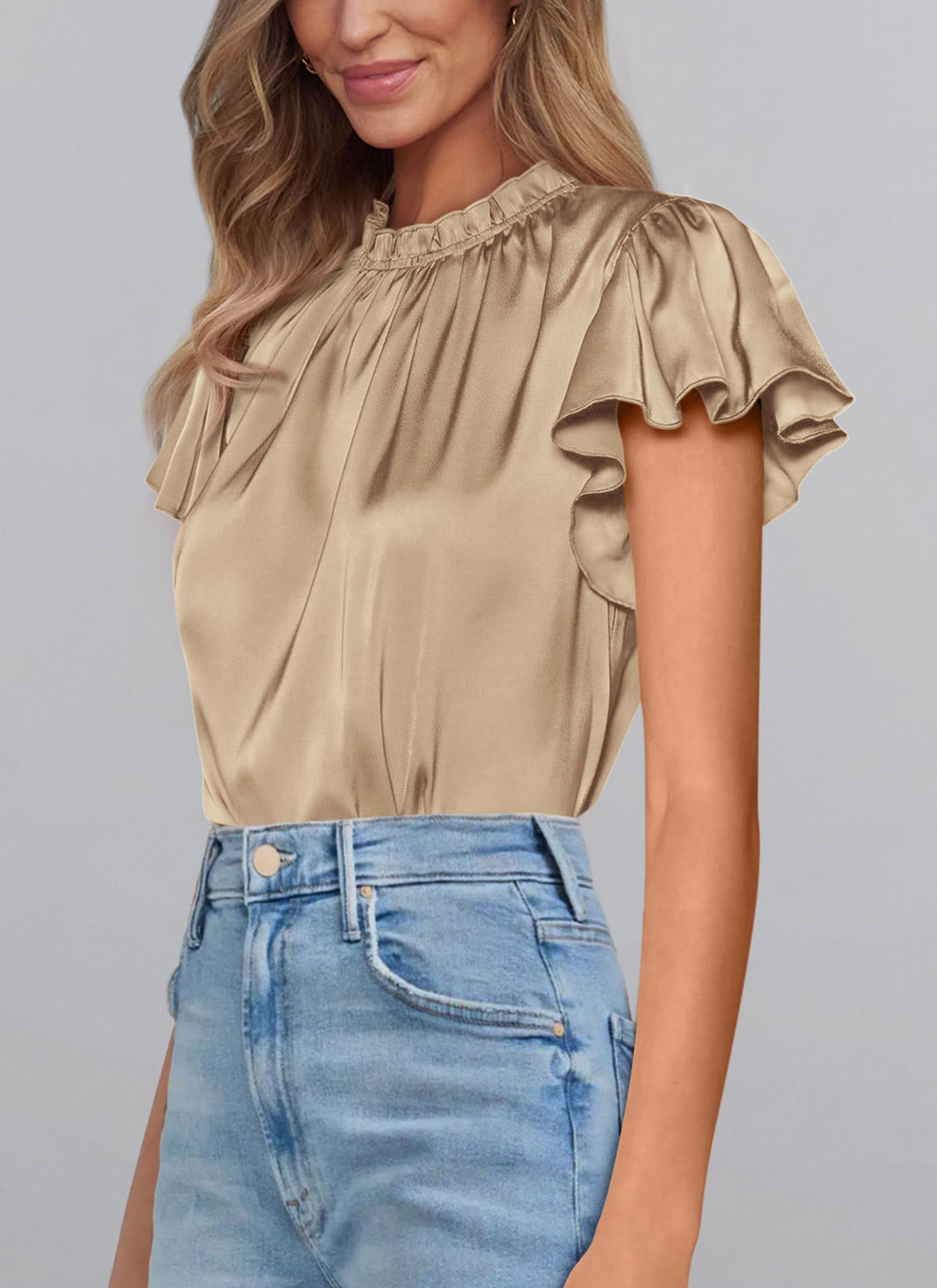 Women's Satin Tops Business Casual Work Blouses, Khaki,S