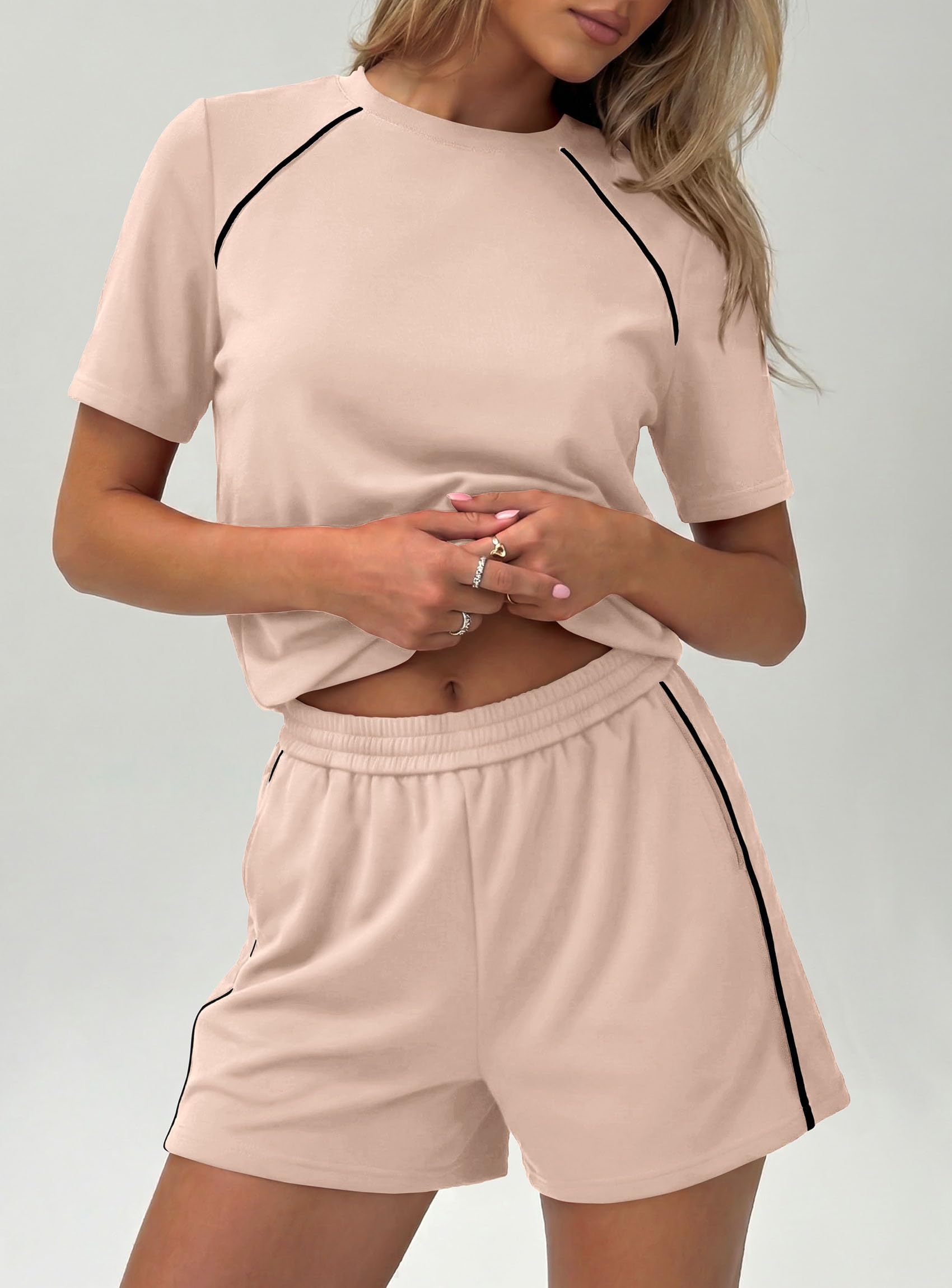 Womens 2 Piece Short Sets Casual Summer Outfits, Beige,M