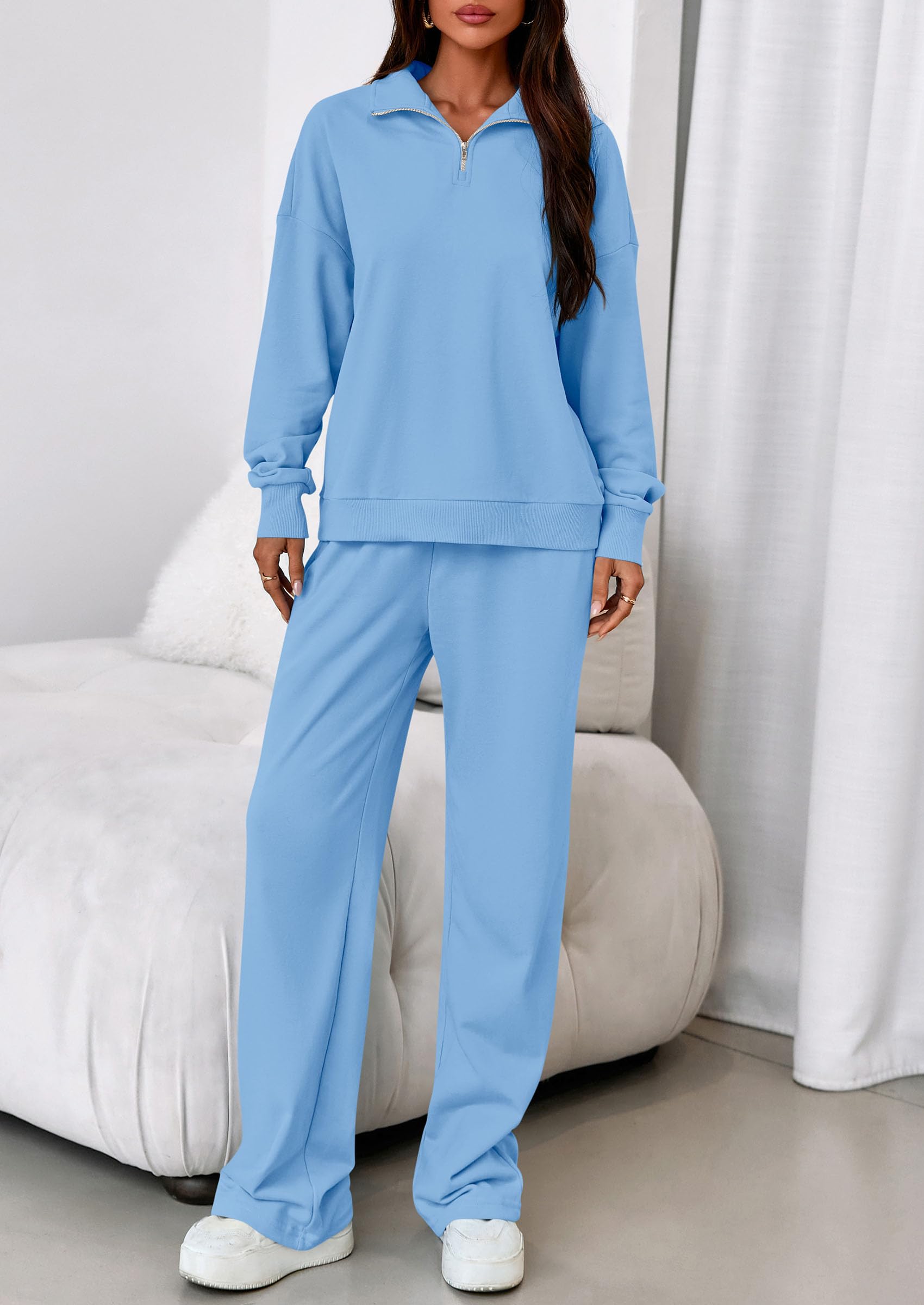 Womens 2 Piece Outfits Matching Lounge Sets,Light Blue,S