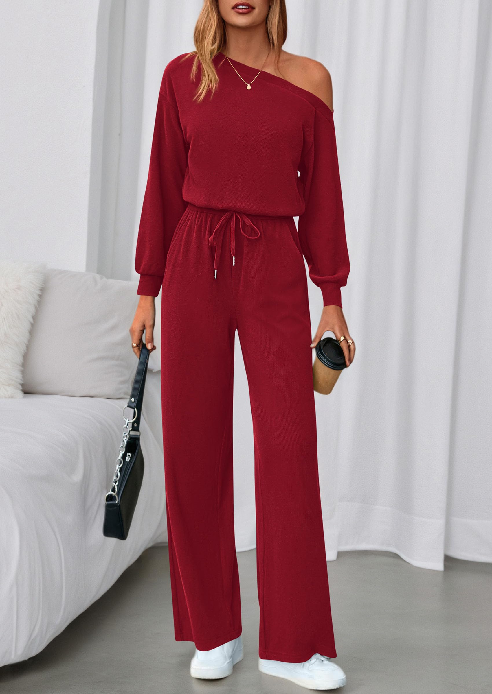 Womens Off Shoulder Long Sleeve Jumpsuit,Wine Red,S