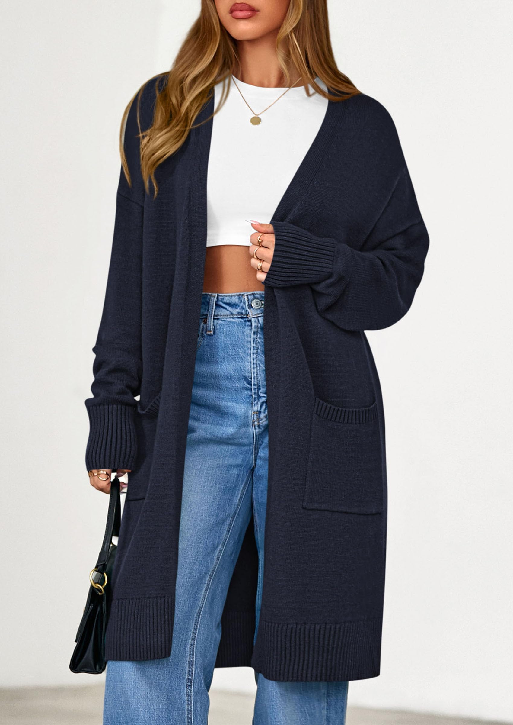 Women's Oversized Open Front Long Knit Cardigan,Navy,S