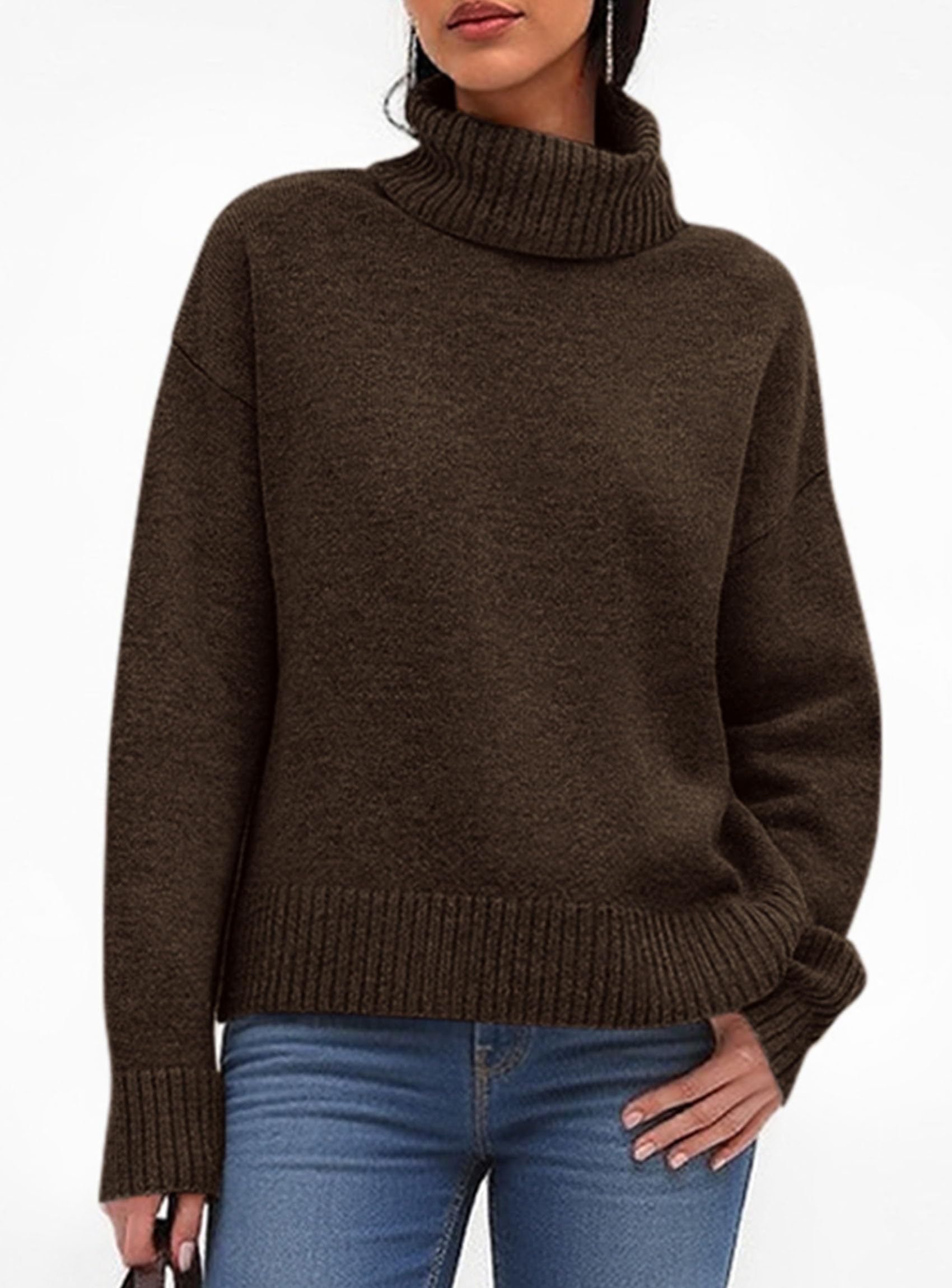 Womens Turtleneck Long Sleeve Knit Sweater,Brown,S