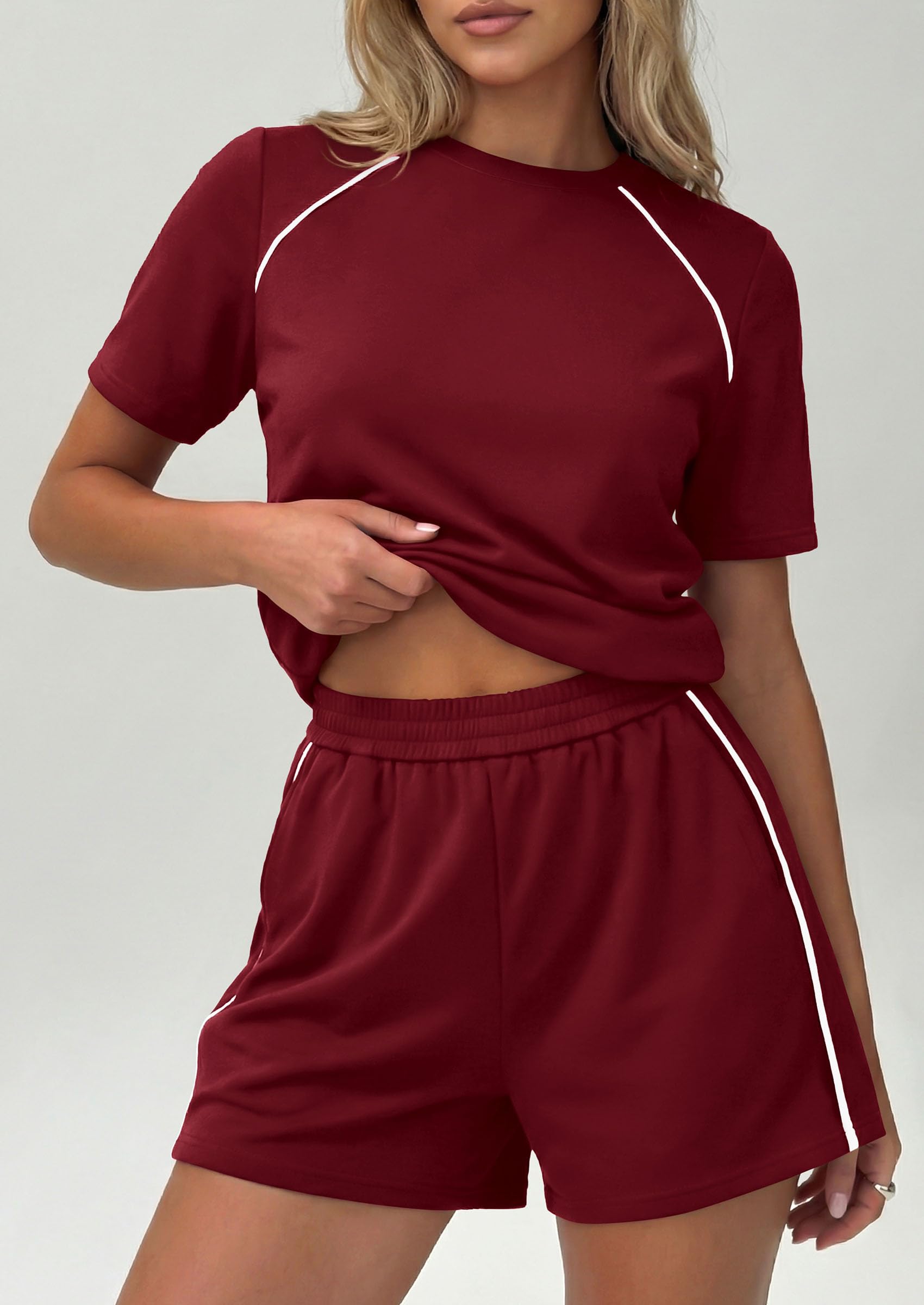 Womens 2 Piece Short Sets Casual Summer Outfits, Burgundy,S
