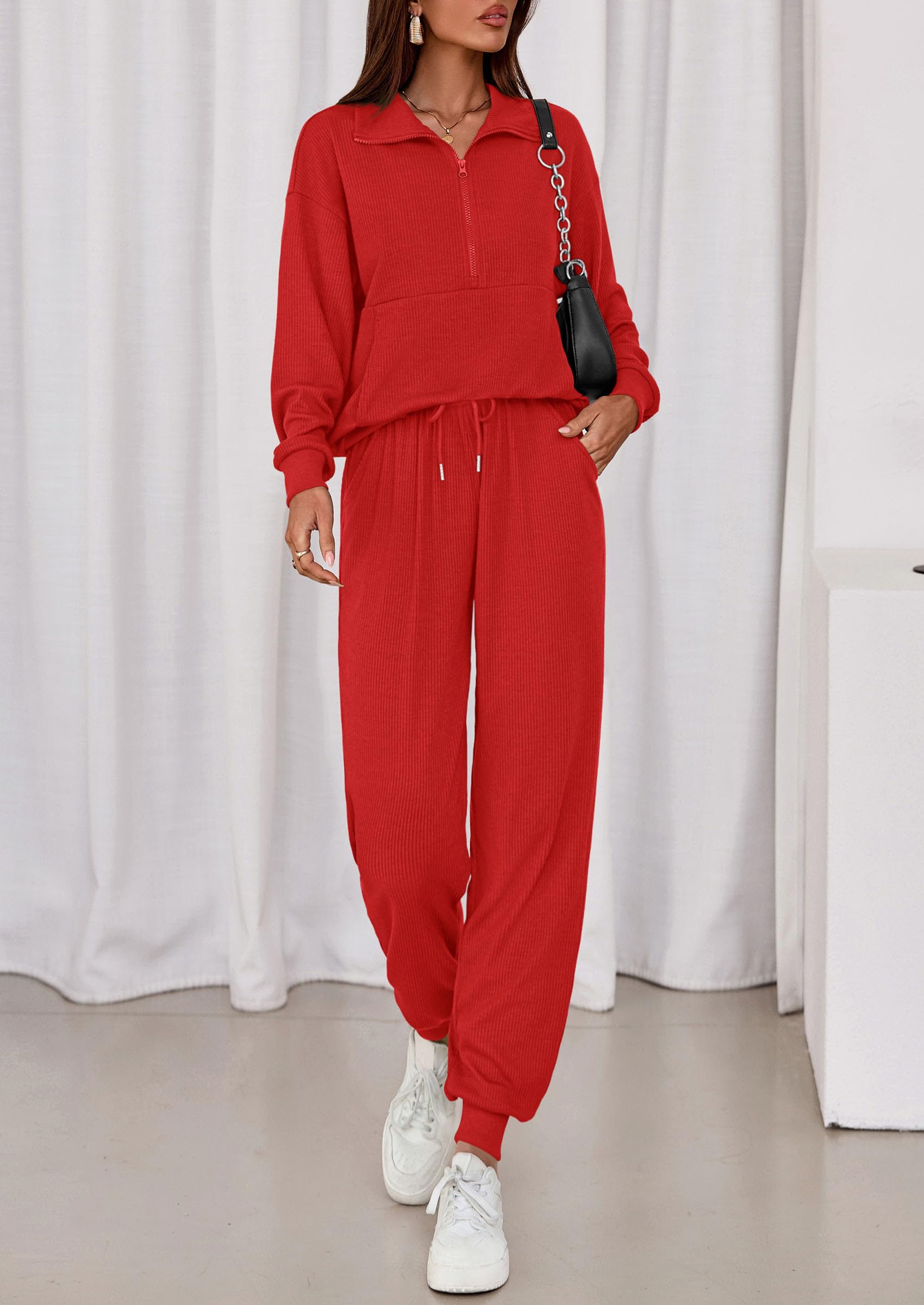 Airport Travel Outfit Women Ribbed Knit Matching Lounge Sets