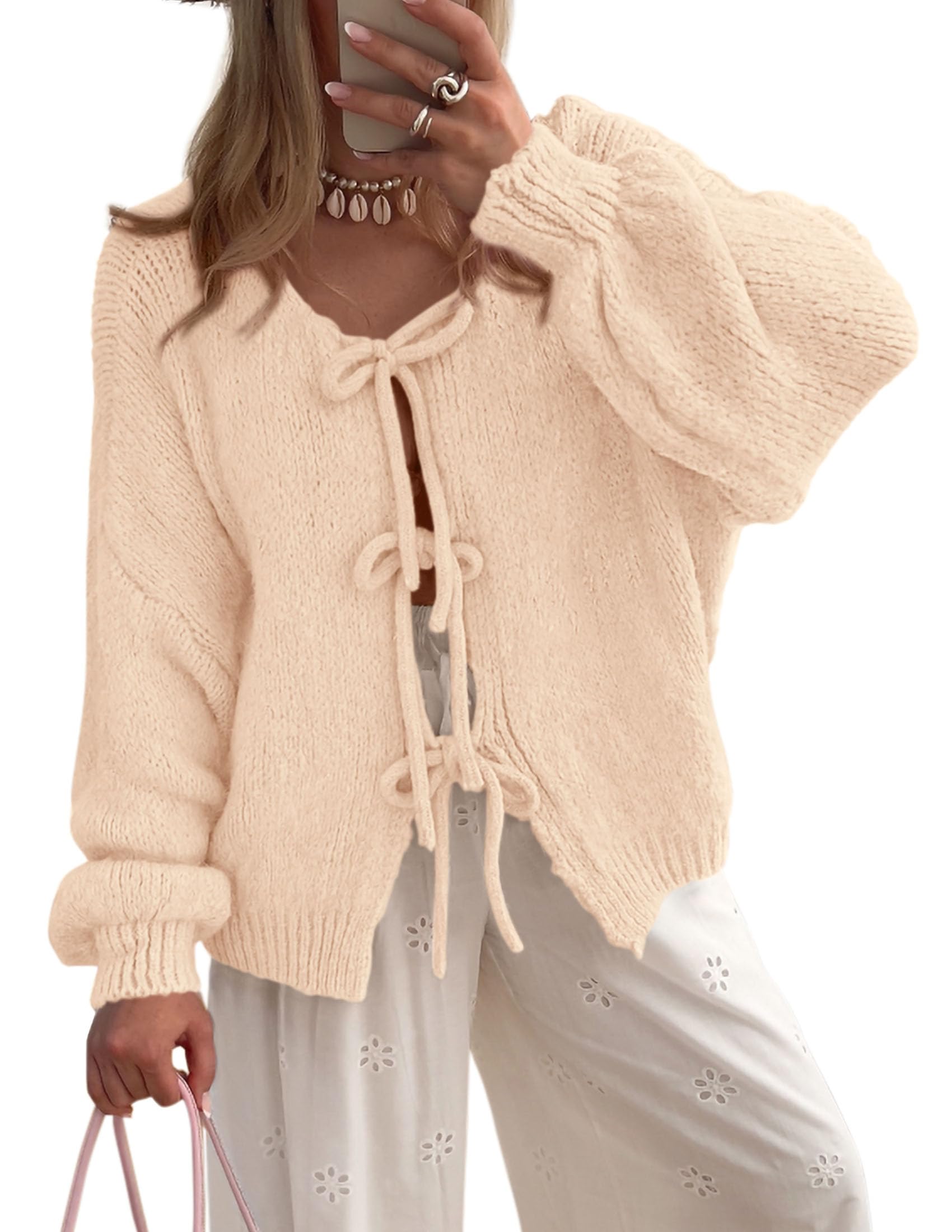 Women's Tie Front Bow Cardigan Sweaters(Apricot,Small)