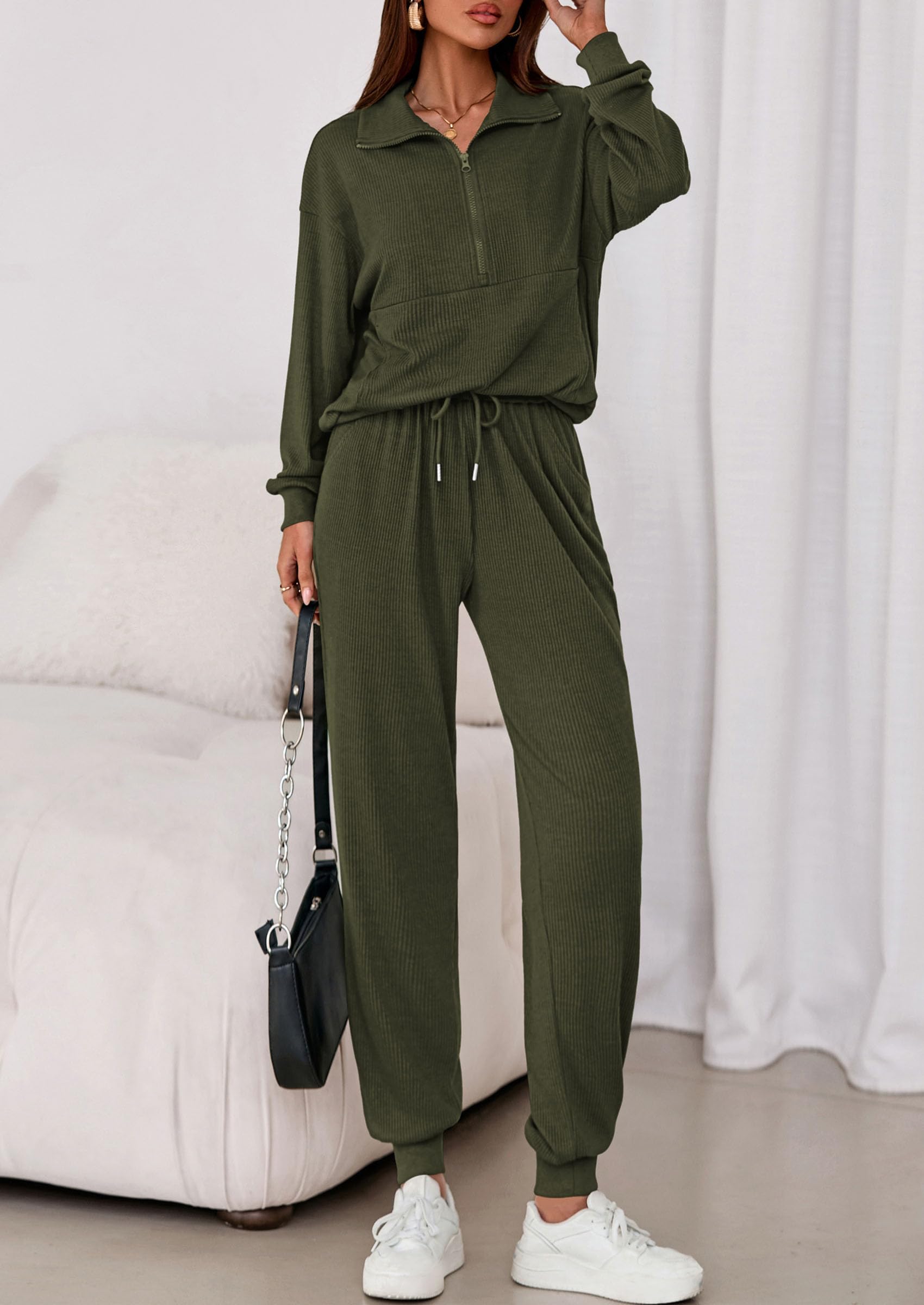 Airport Travel Outfit Women Ribbed Knit Matching Lounge Sets
