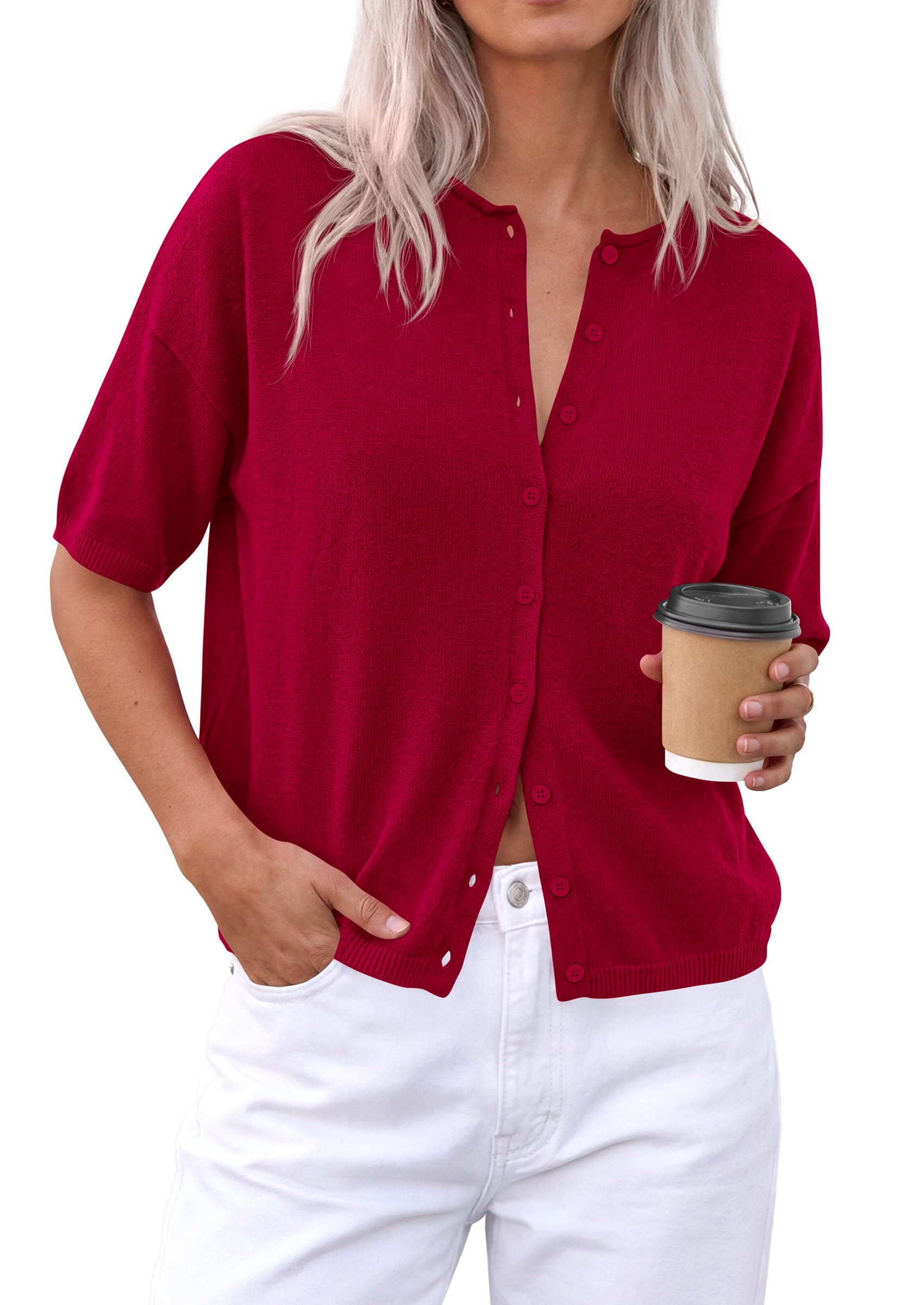 Women's Short Sleeve Cardigan Sweaters (Red,Large)