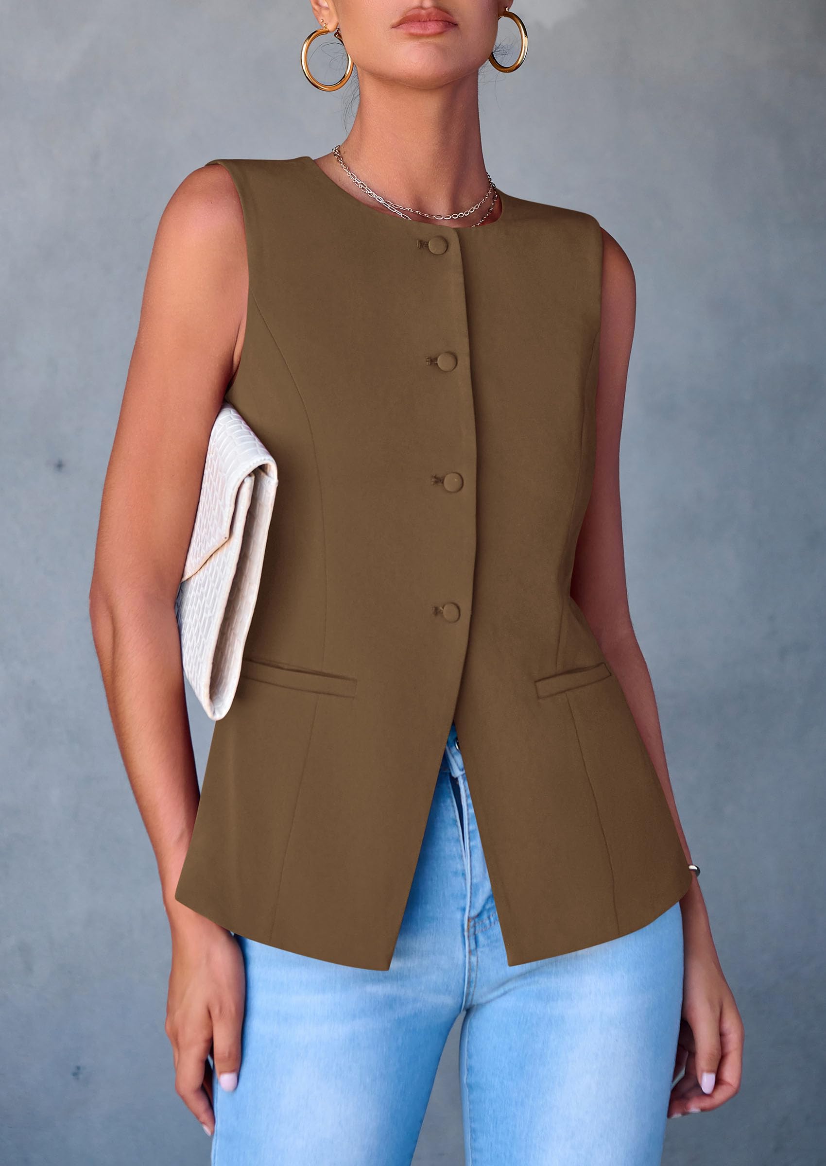 Women Tailored Suit Vest Business Casual Tops, Coffee,S