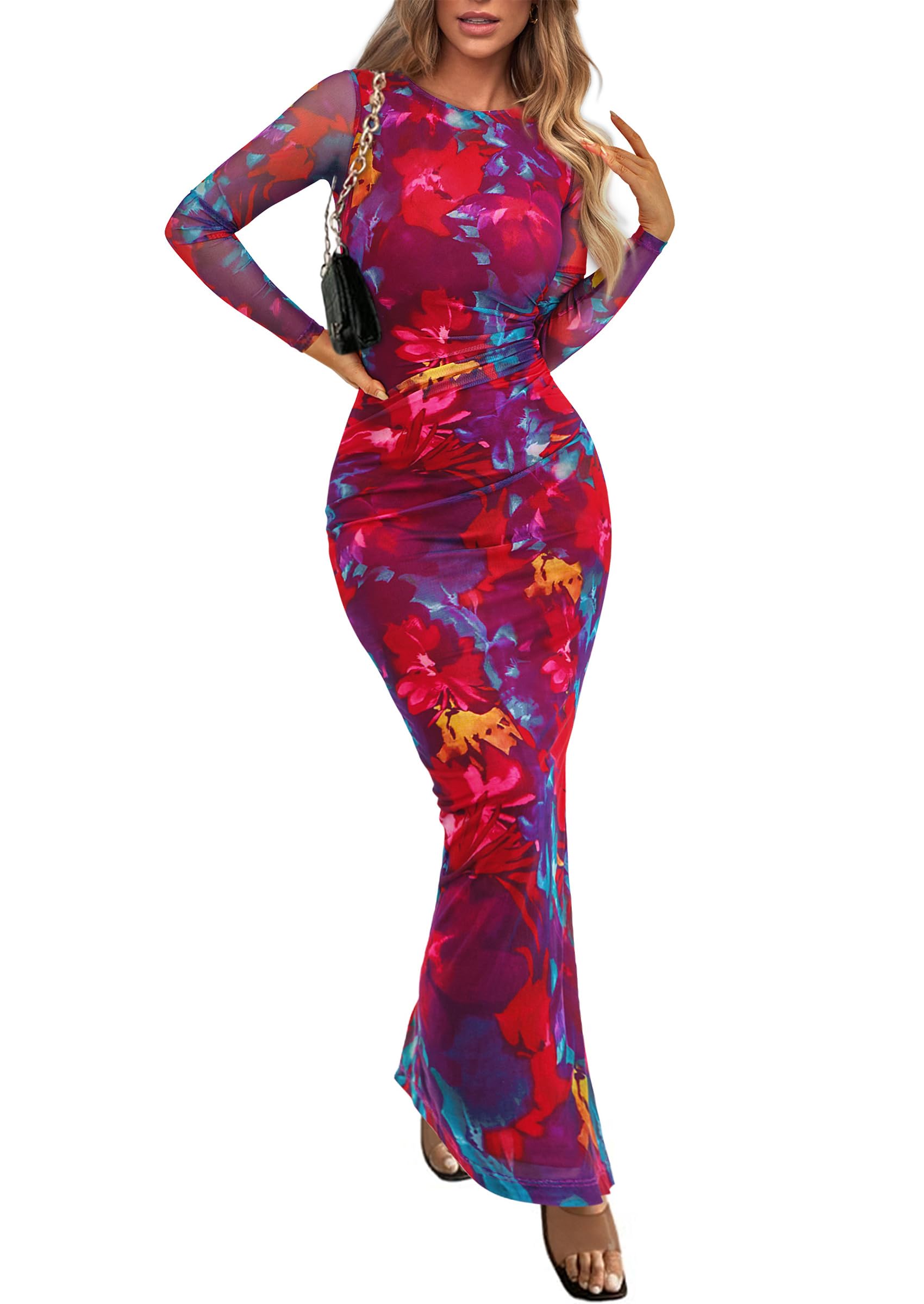 Women's Floral Bodycon Maxi Fall Dress
