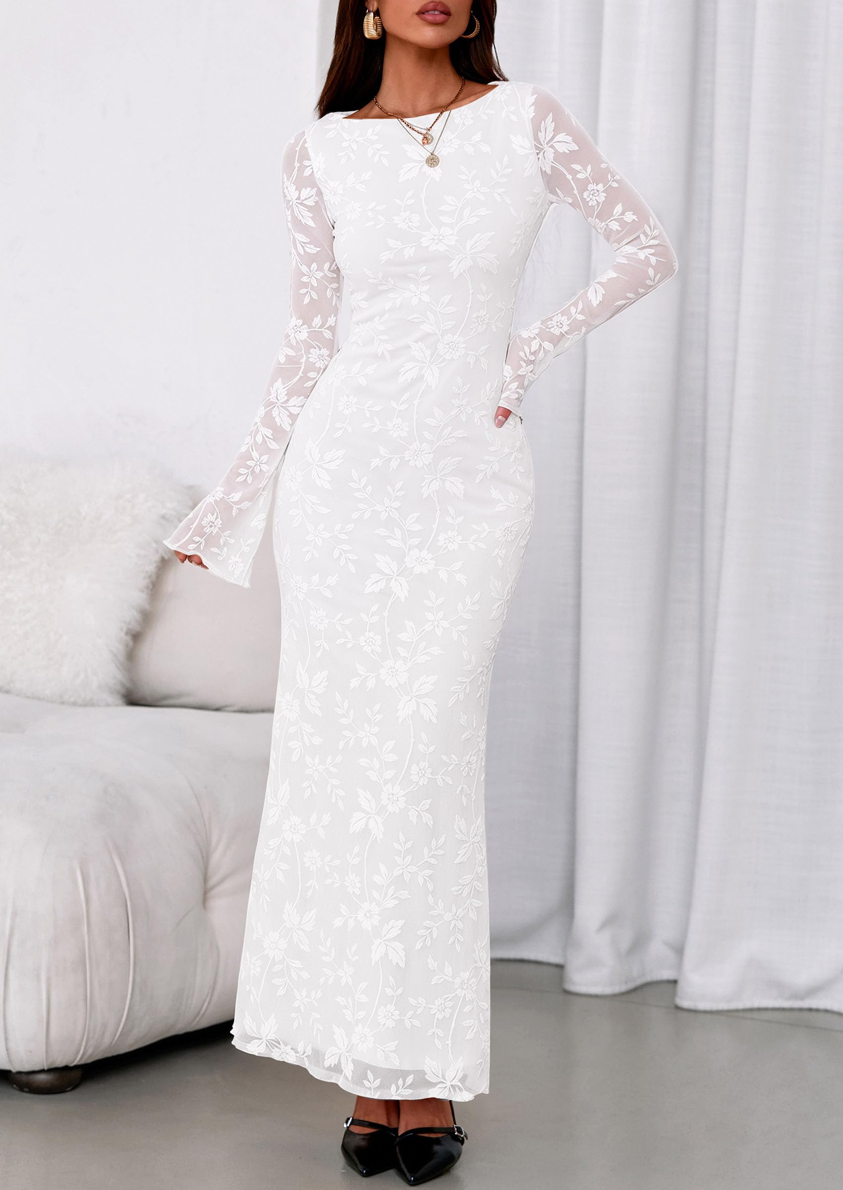 Women's Floral Bodycon Maxi Dress Wedding Guest Dresses White