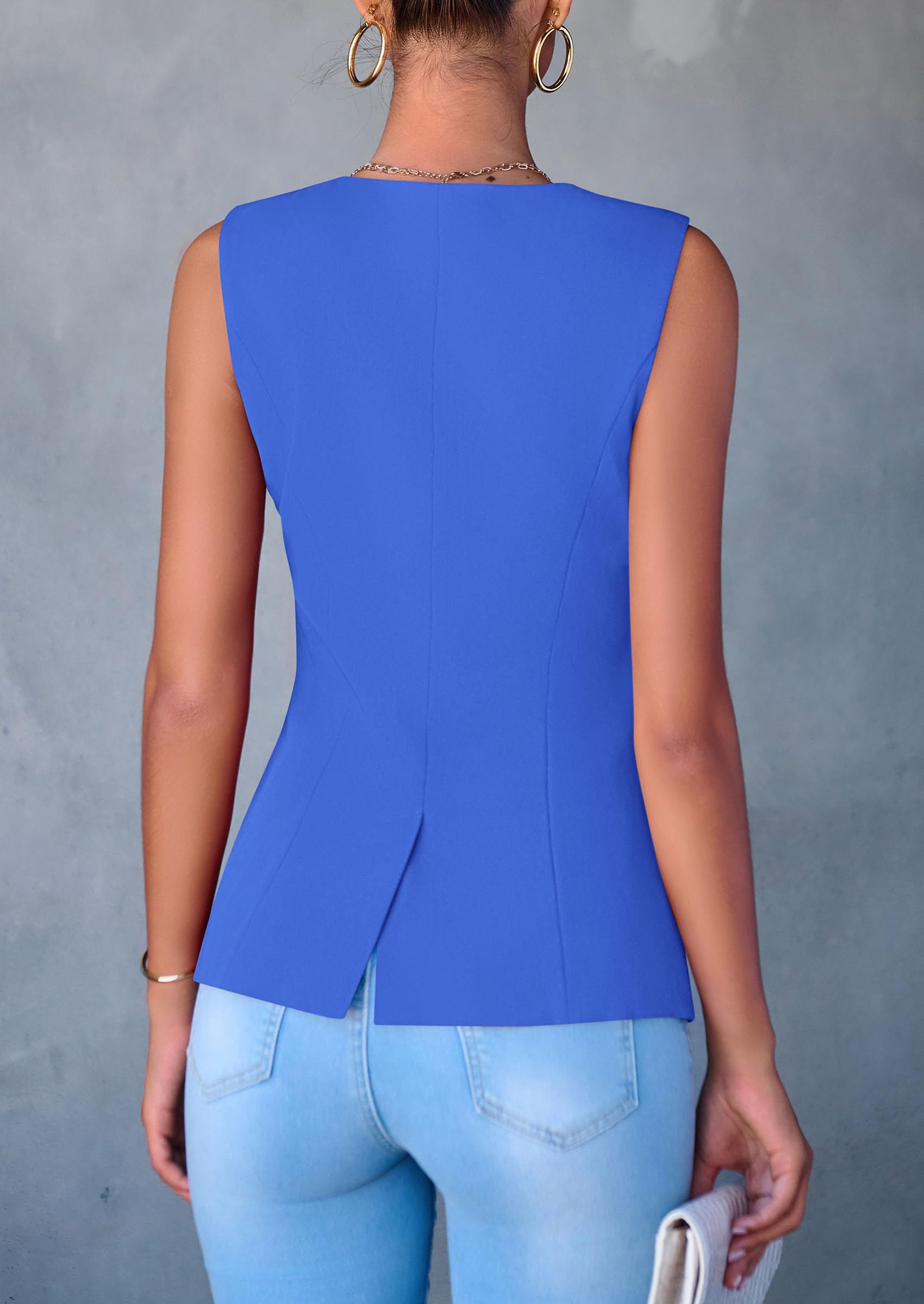 Women Tailored Suit Vest Business Casual Tops, Blue,M