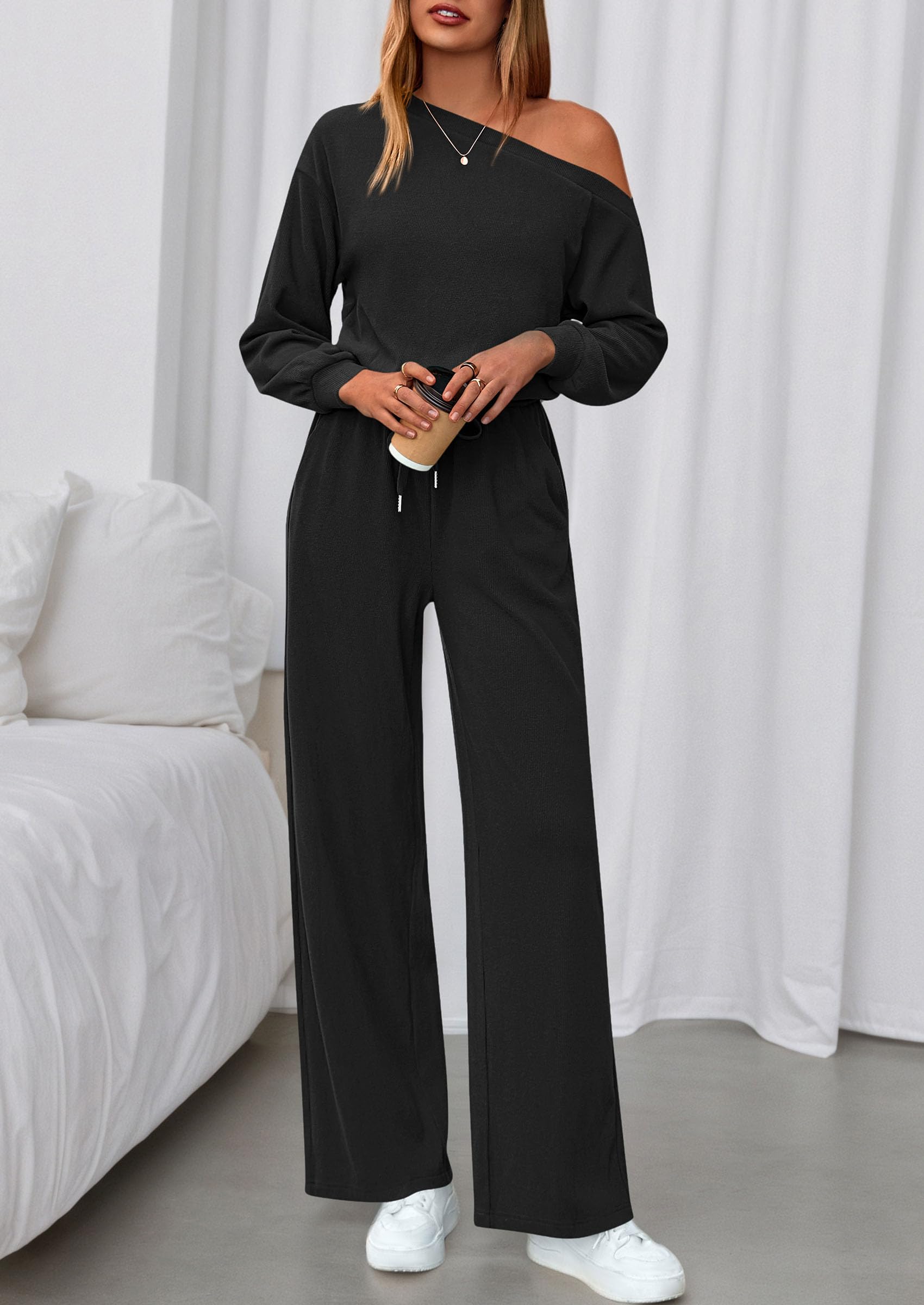 Womens Off Shoulder Long Sleeve Jumpsuit,Black,S