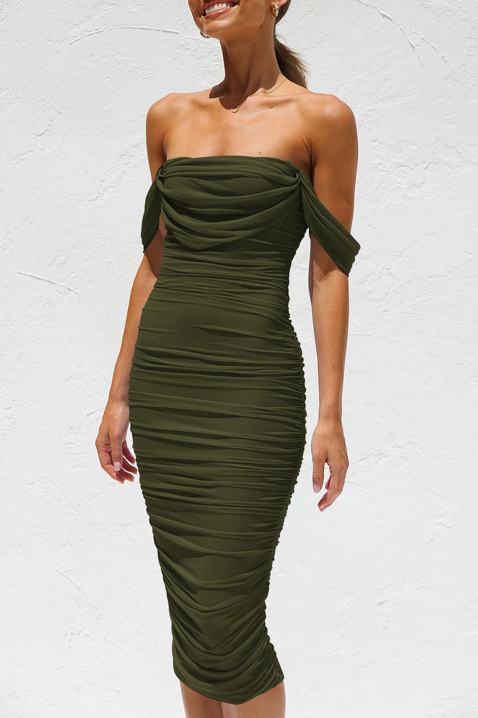 Women's Off Shoulder Bodycon Tube Midi Dress, Army Green,S