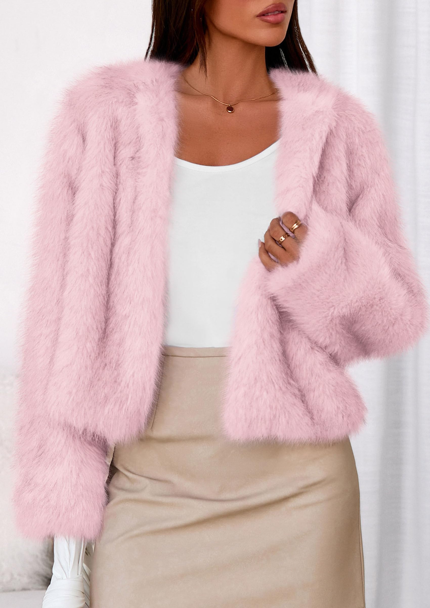Womens Winter Coats Open Front Faux Fur Jacket,Pink,M