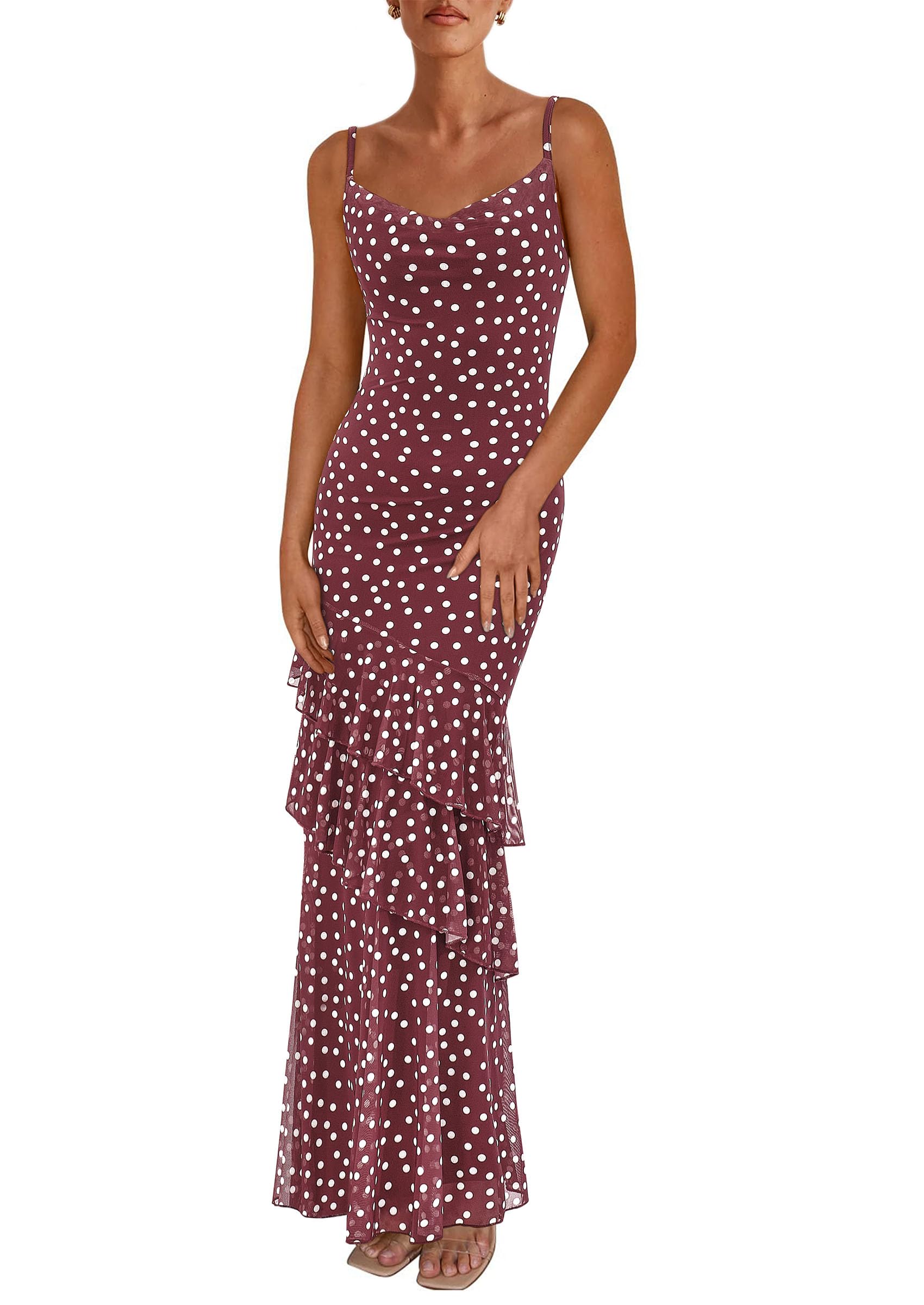 Women's Boho Floral Tiered Maxi Dress,01 Dot Burgundy White,XS