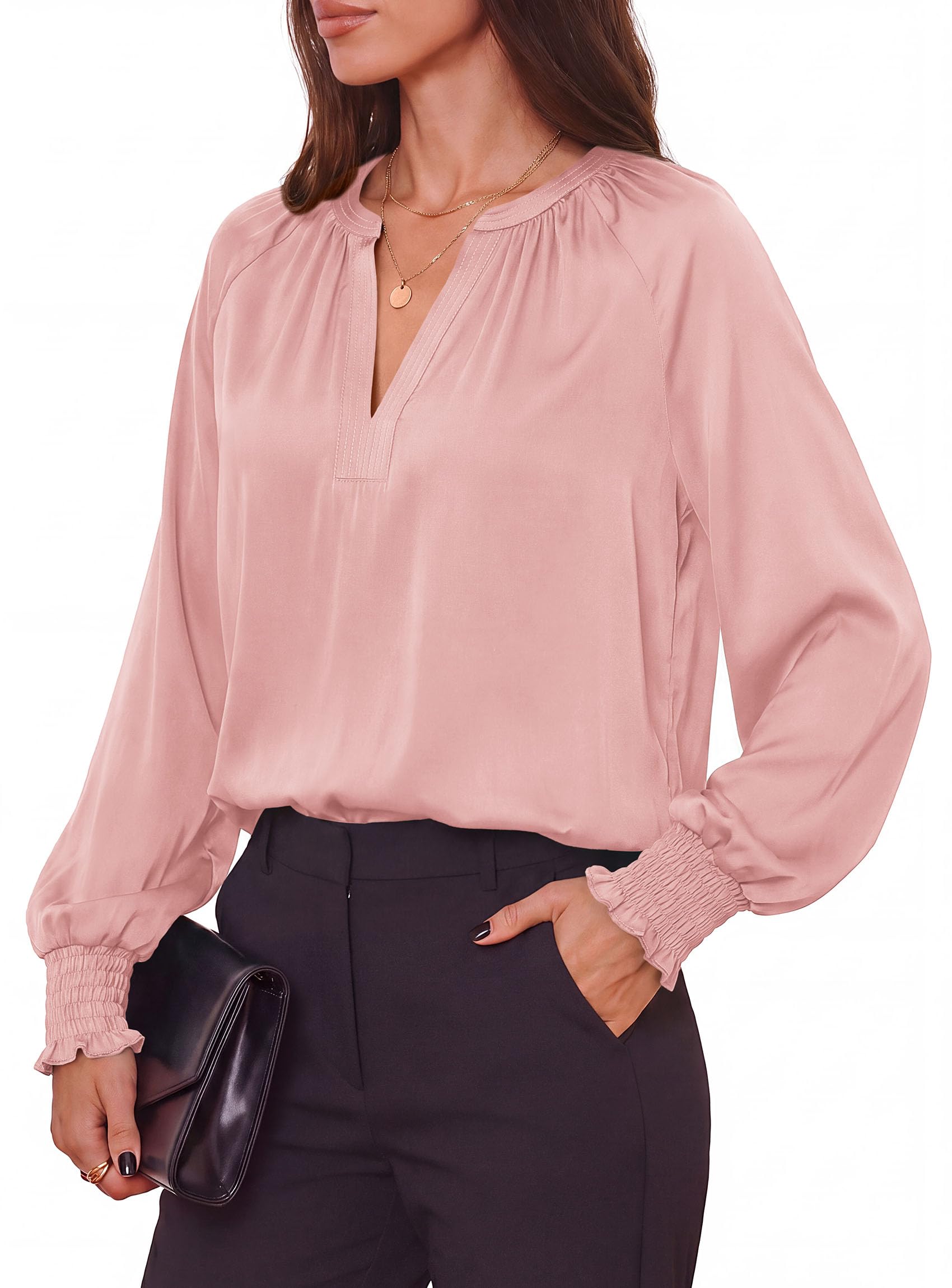 Women's Satin Blouses V Neck Long Sleeve Tops,Pink,S