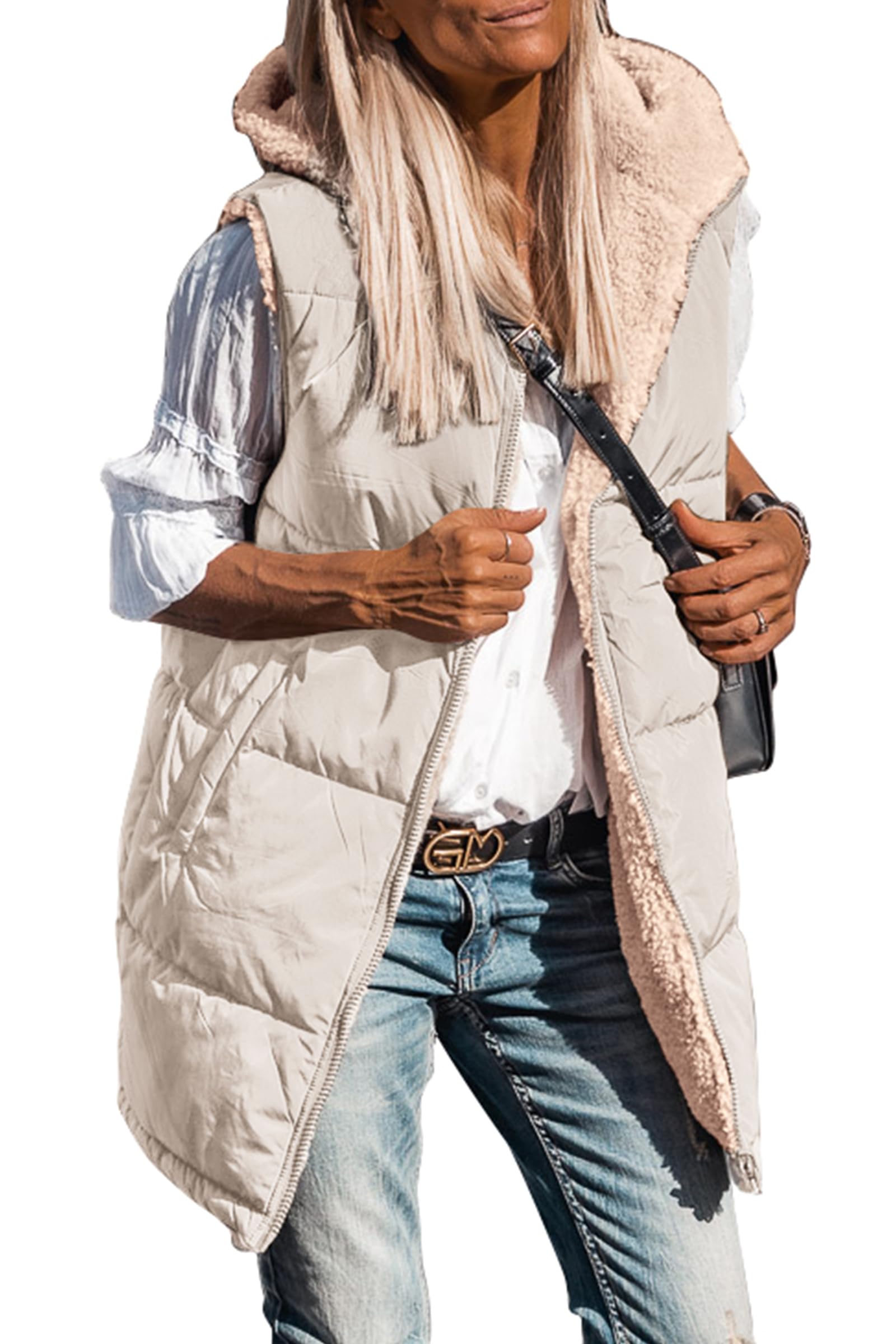 Women's Winter Reversible Fleece Long Vests(Light Khaki,S)