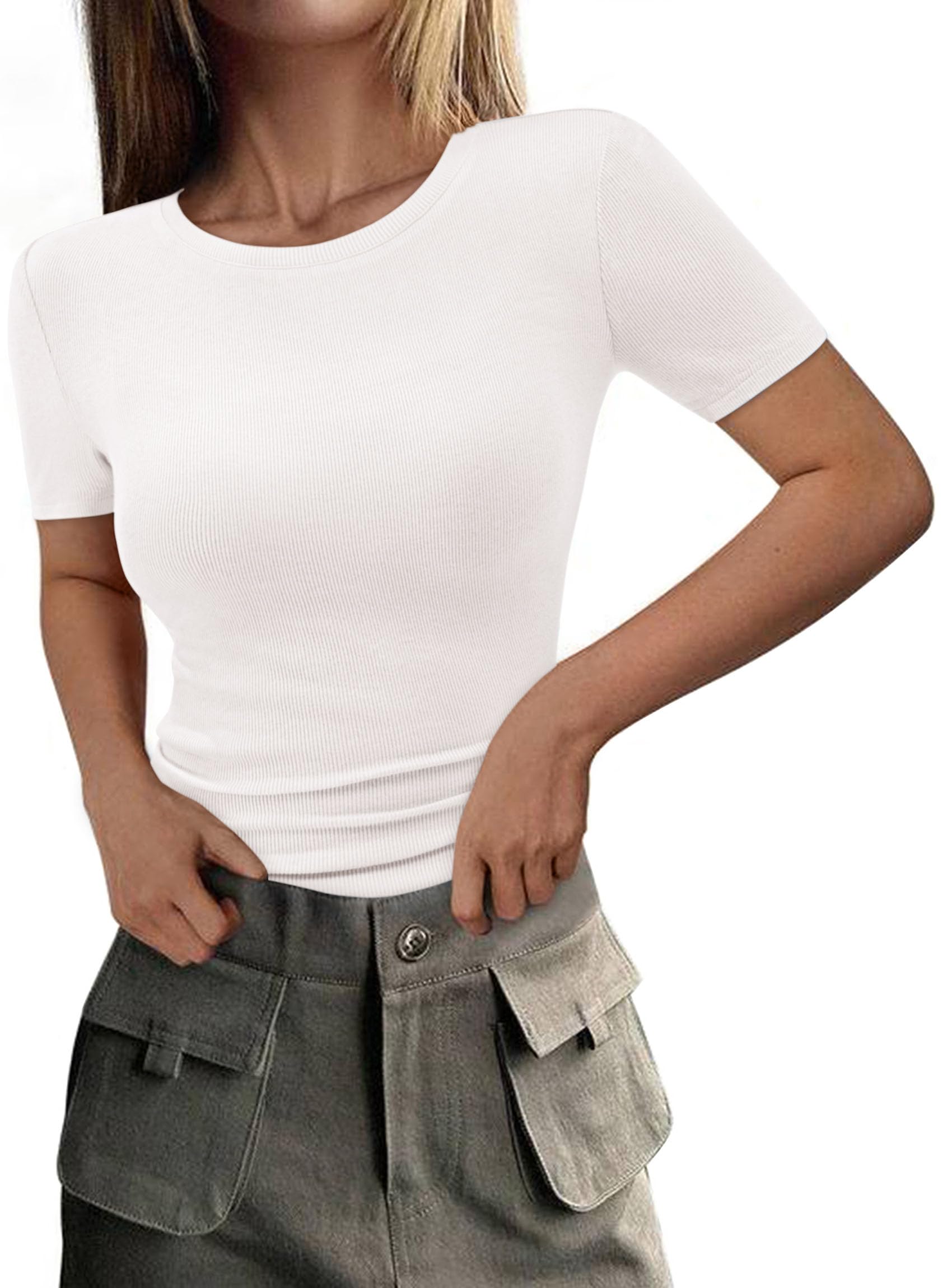 Womens Short Sleeve Slim Fit Basic Shirts,White,XS