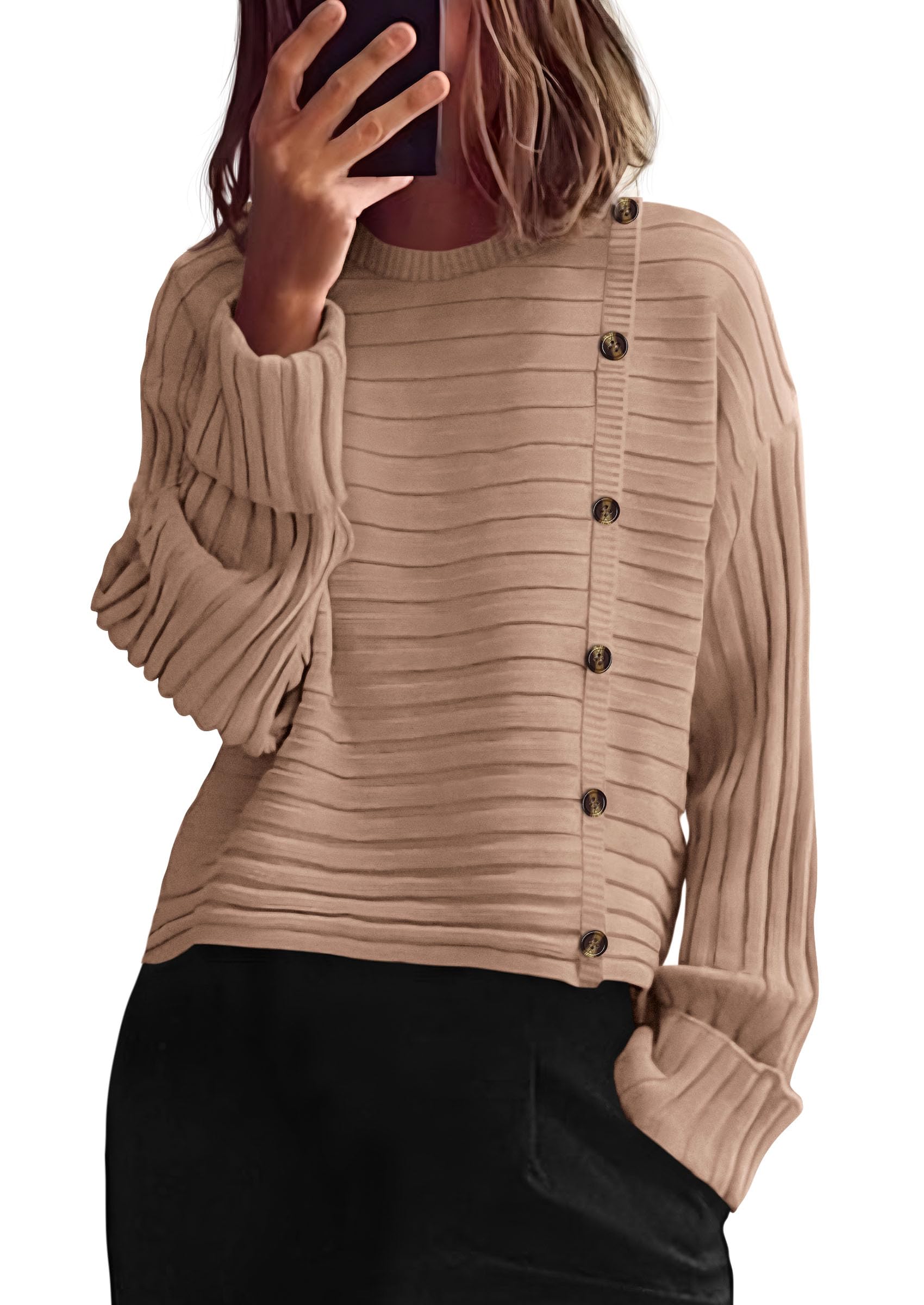 Womens Asymmetric Button Long Sleeve Sweater,Khaki,S