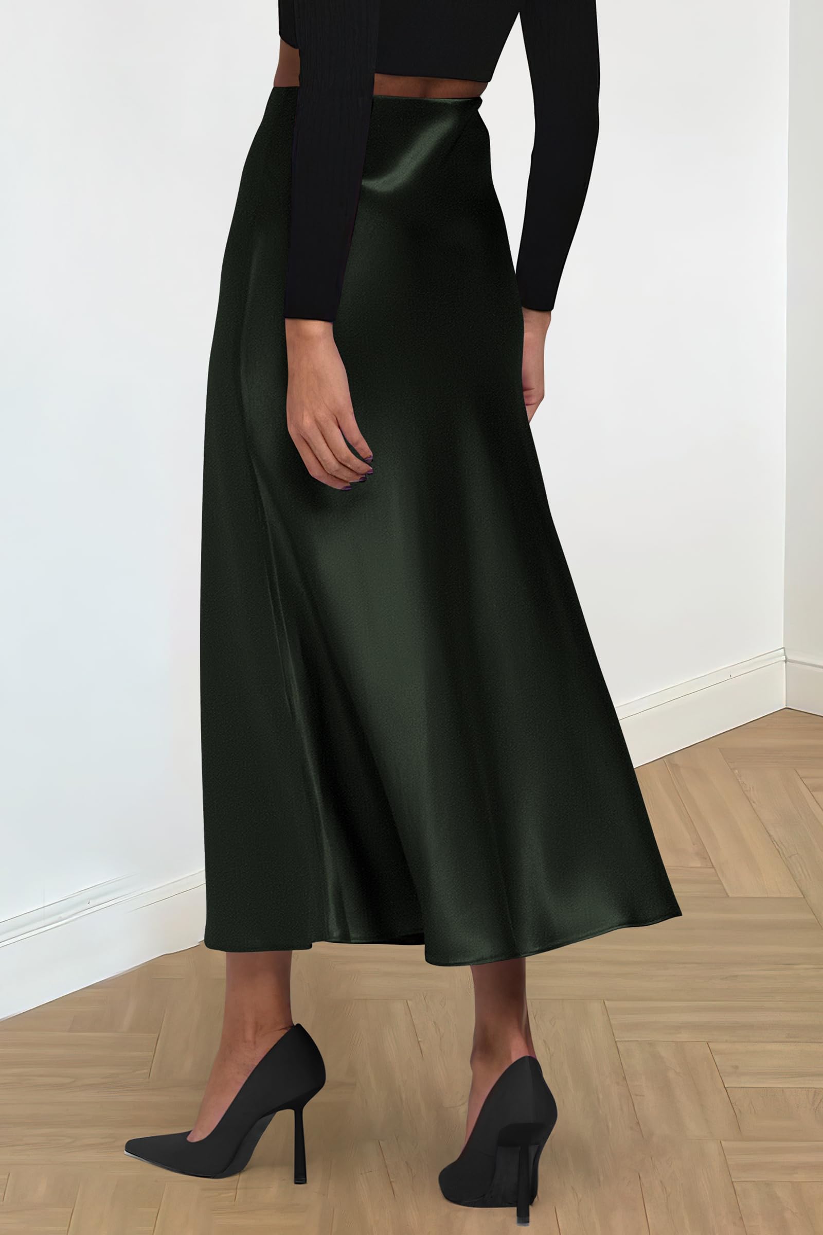 Women's Satin Midi Skirts Dressy Casual,Dark Army Green,S
