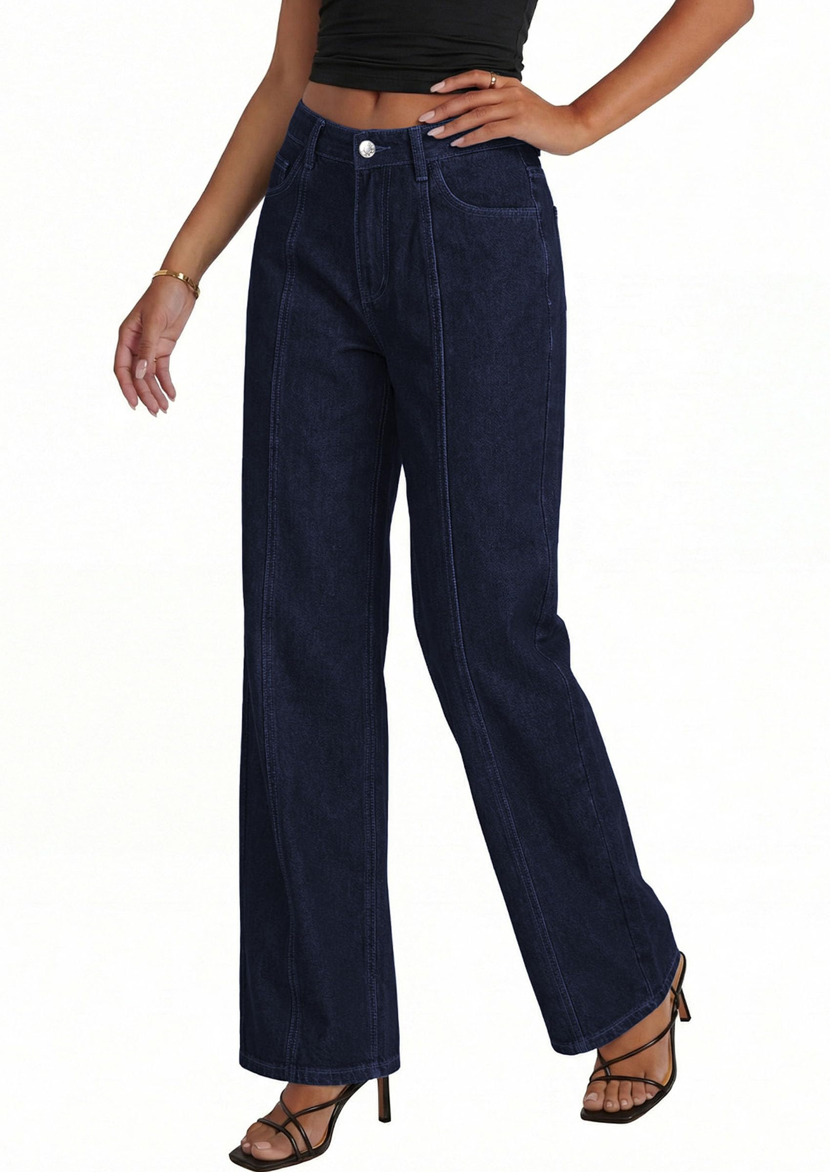 Women's Wide Leg Jeans Stretchy Baggy Denim Pants,Navy Blue,4