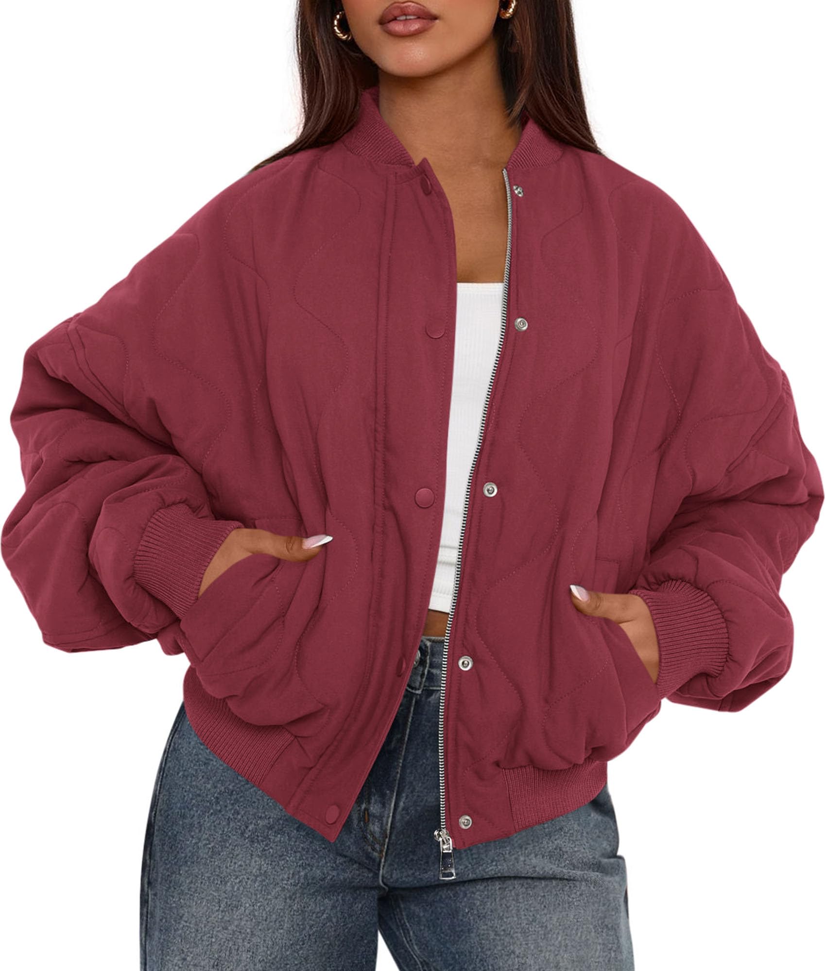 Women's Quilted Bomber Jacket Fall Fashion 2026 Lightweight Cropped Zip up Outerwear Winter Puffer Coats Pockets (Burgundy,Small)