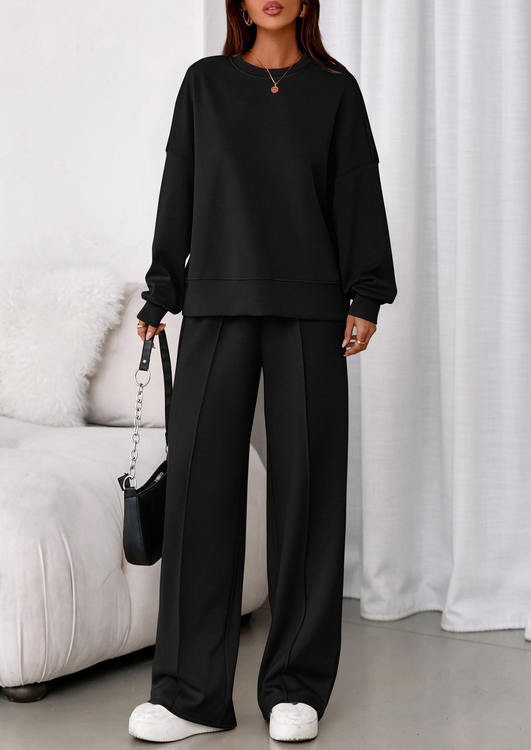 Womens Long Sleeve Sweatshirt 2 Piece Sets,Black,S