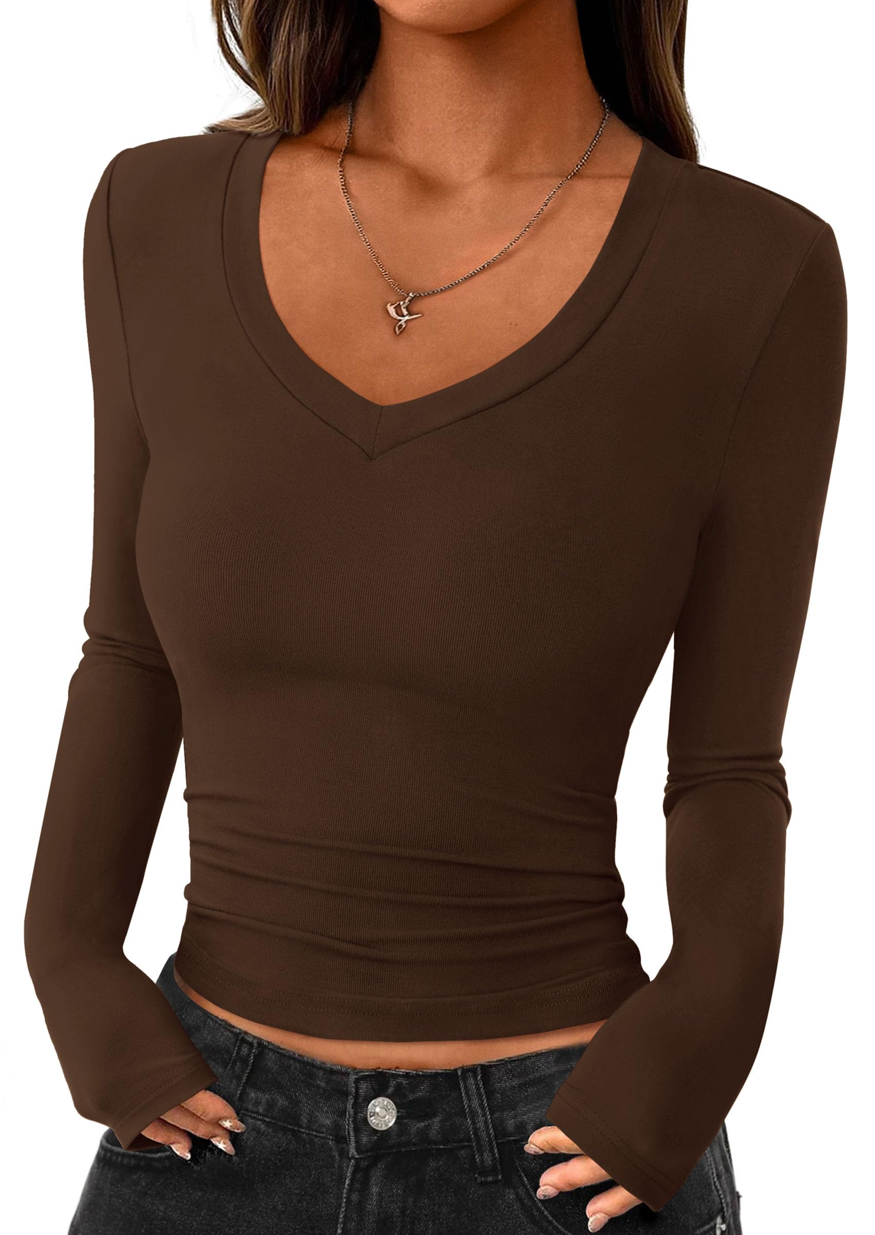 Womens Long Sleeve Slim Fit Crop Tops,Brown,XS
