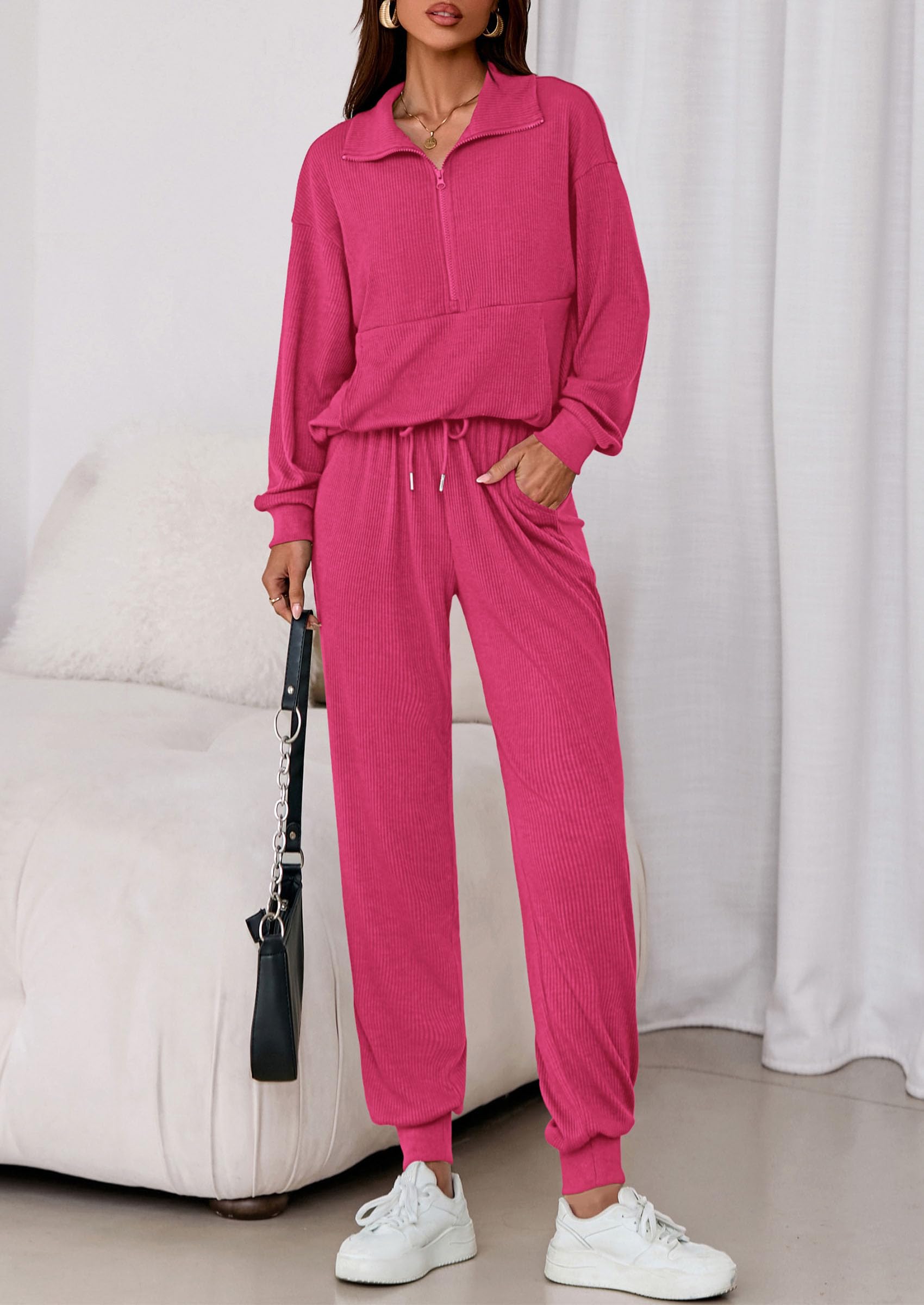 Airport Travel Outfit Women Ribbed Knit Matching Lounge Sets