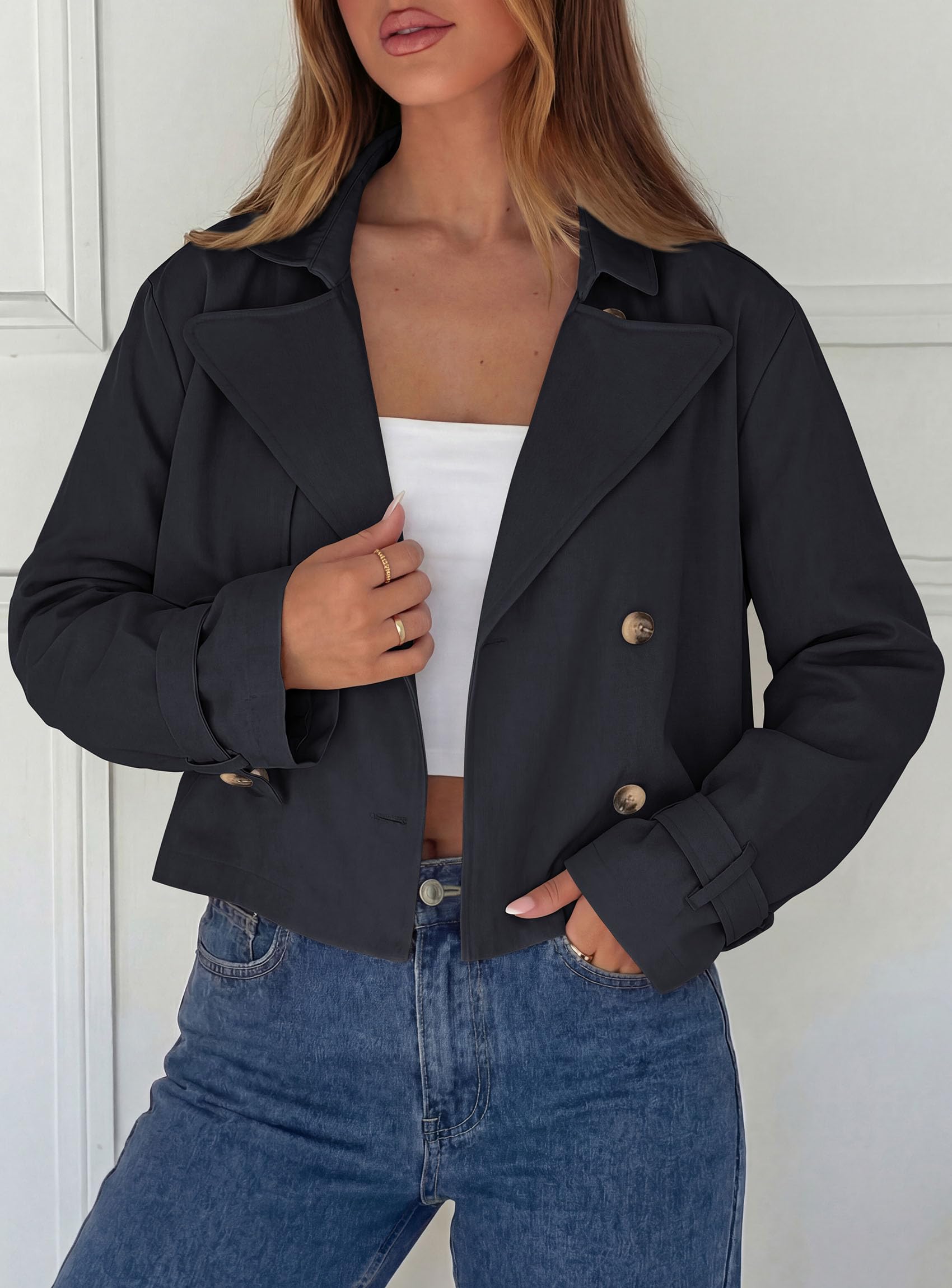 Cropped Trench Coat For Women Short Jacket,Navy Blue,S