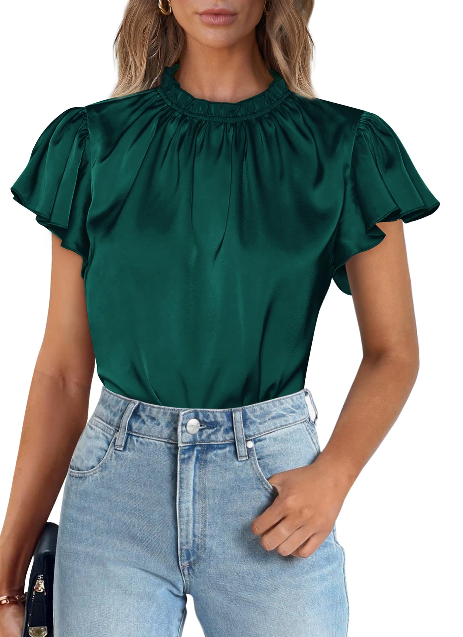 Women's Satin Tops Business Casual Work Blouses, Dark Green,S