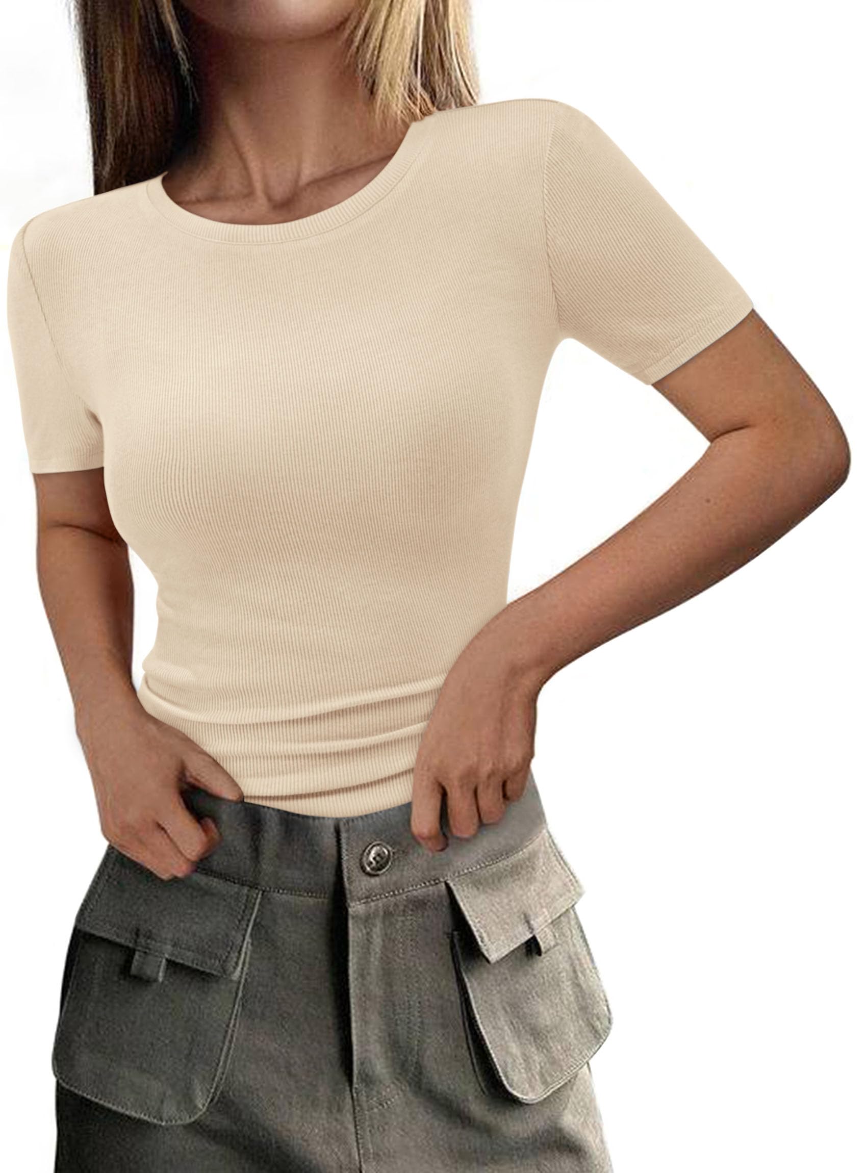 Womens Short Sleeve Slim Fit Basic Shirts,Beige,XS
