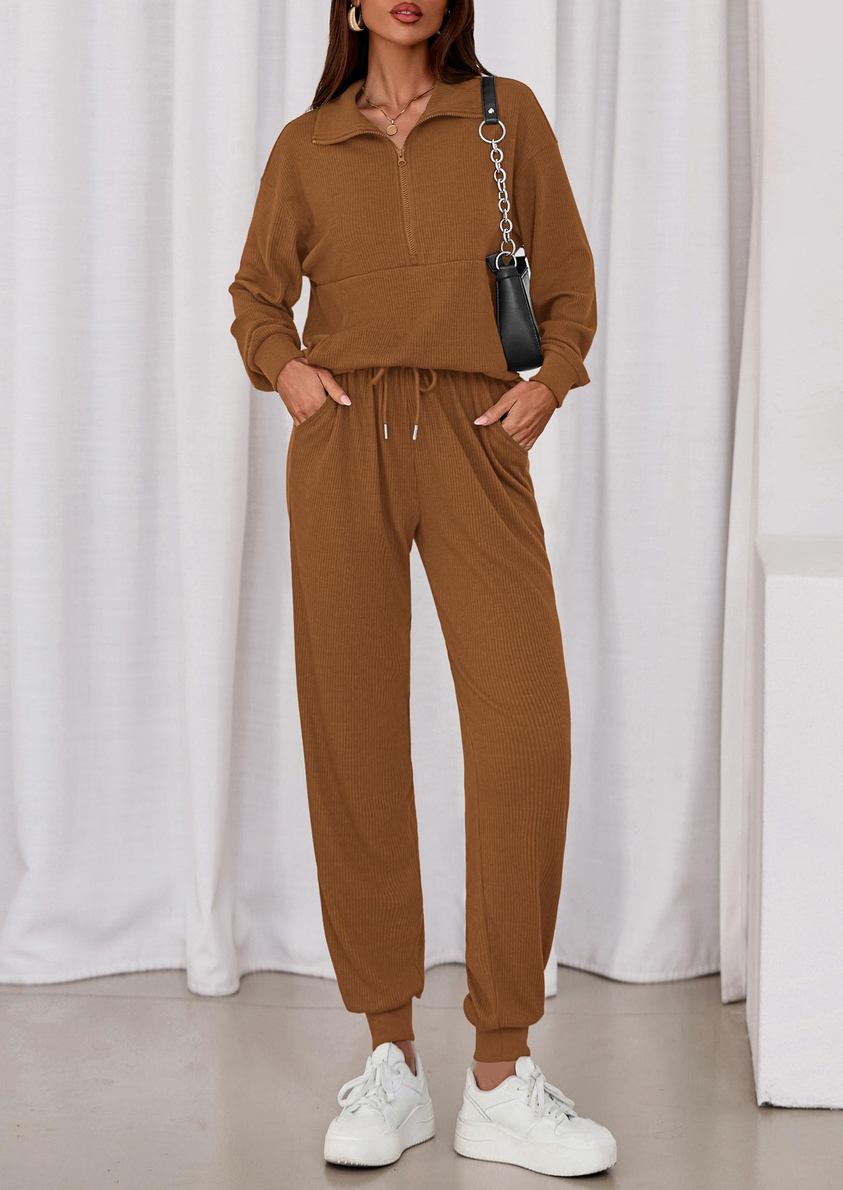 Airport Travel Outfit Women Ribbed Knit Matching Lounge Sets