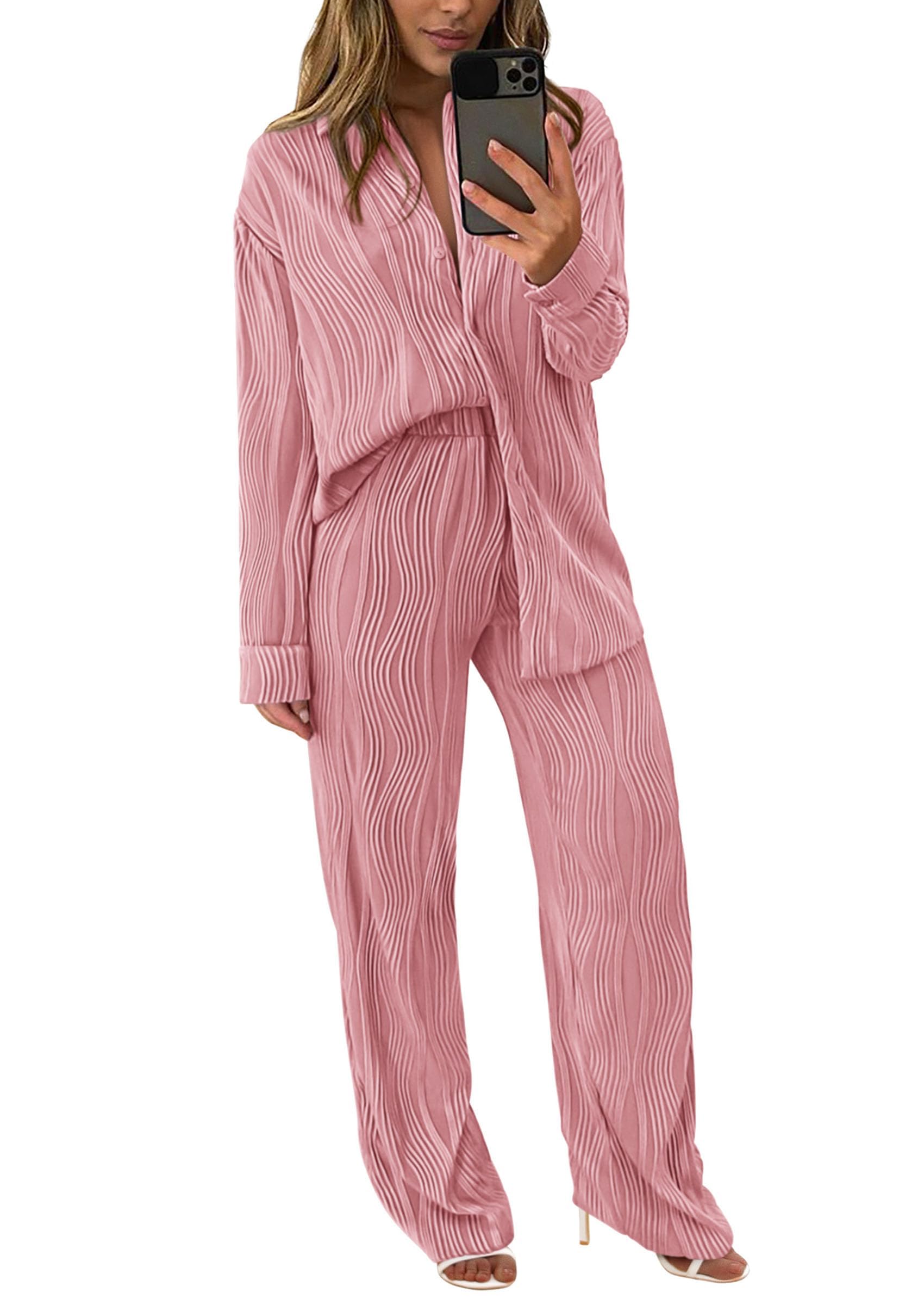 Womens 2 Piece Sets Button Down Lounge Tracksuit,Dusty Pink,S