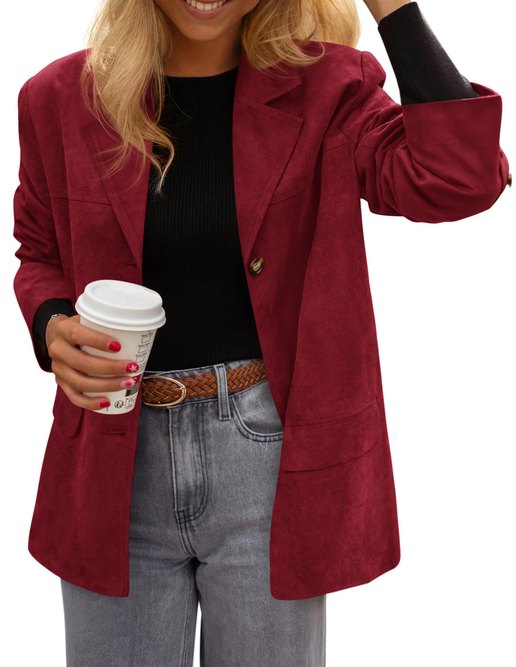 Blazers for Women Western Fall Faux Suede Jacket Burgundy