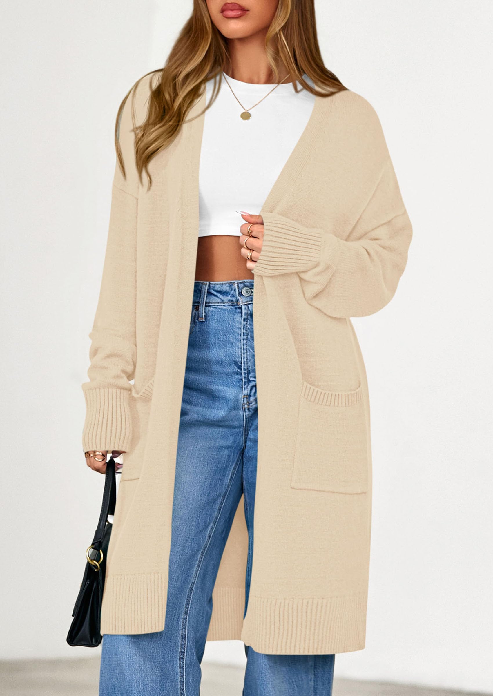 Women's Oversized Open Front Long Knit Cardigan,Apricot,L
