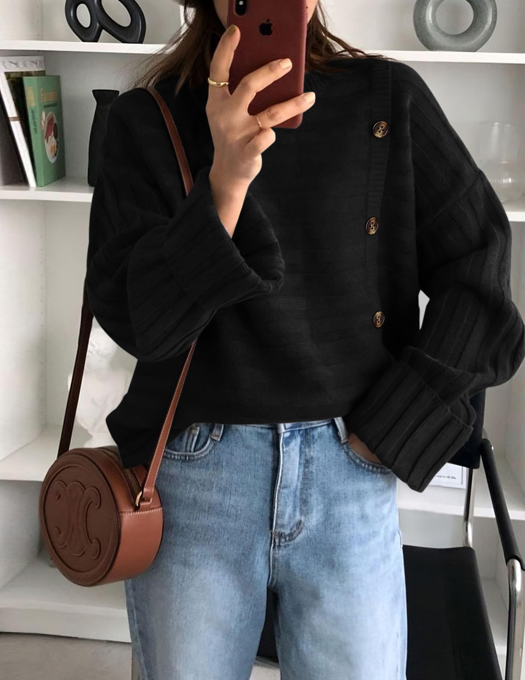 Womens Asymmetric Button Long Sleeve Sweater,Black,S