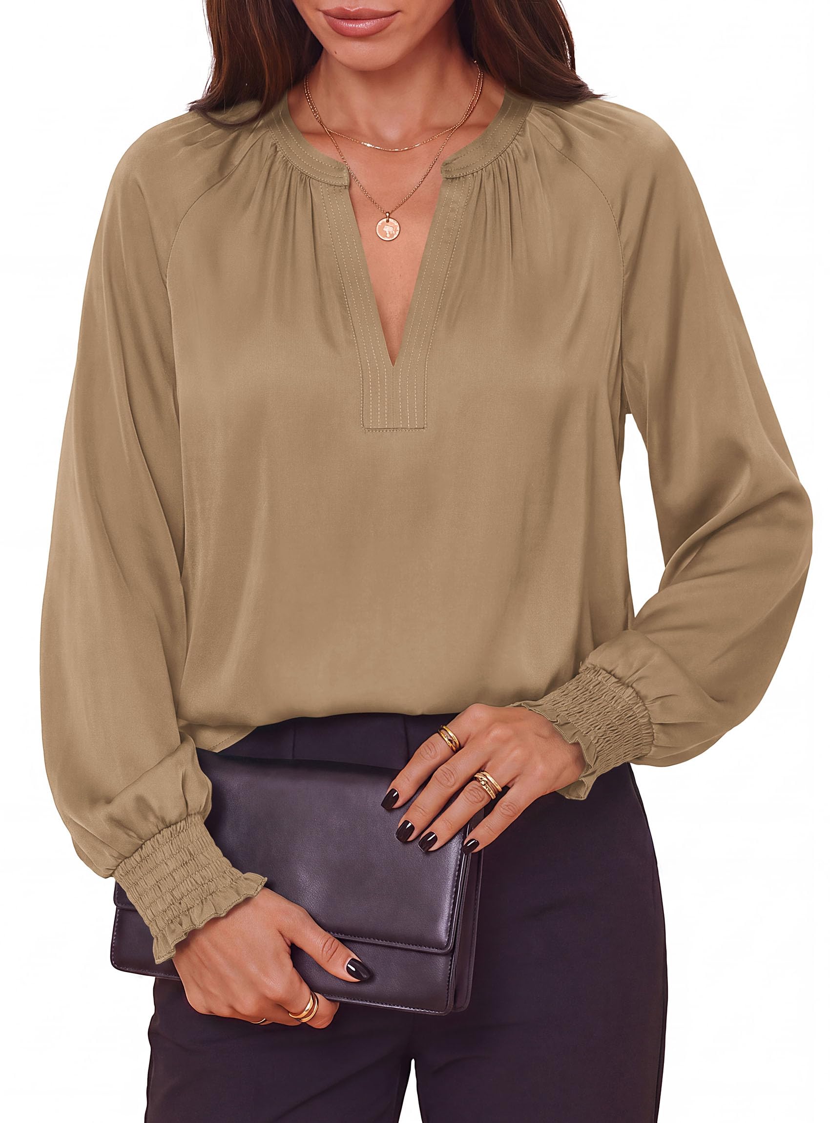 Women's Satin Blouses V Neck Long Sleeve Tops,Khaki,S