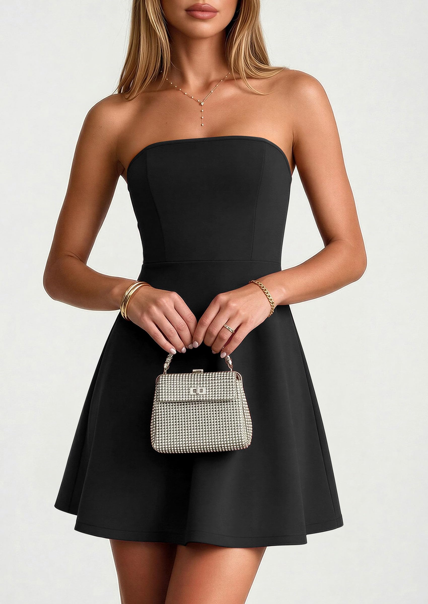 Women's Strapless A Line Mini Summer Dresses Black,XS
