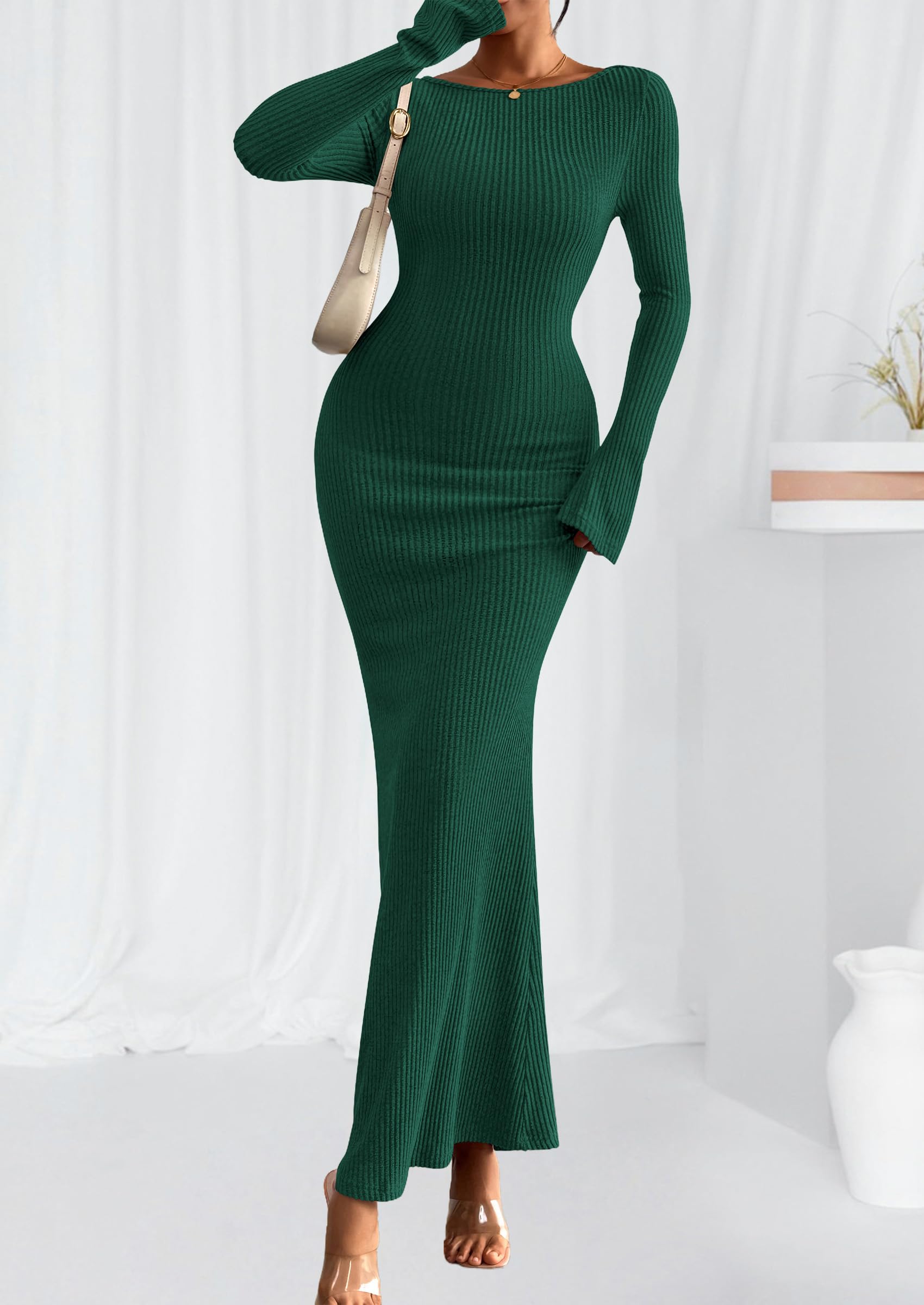 Women's Fall Long Sleeve Bodycon Maxi Dresses (Dark Green,XS)