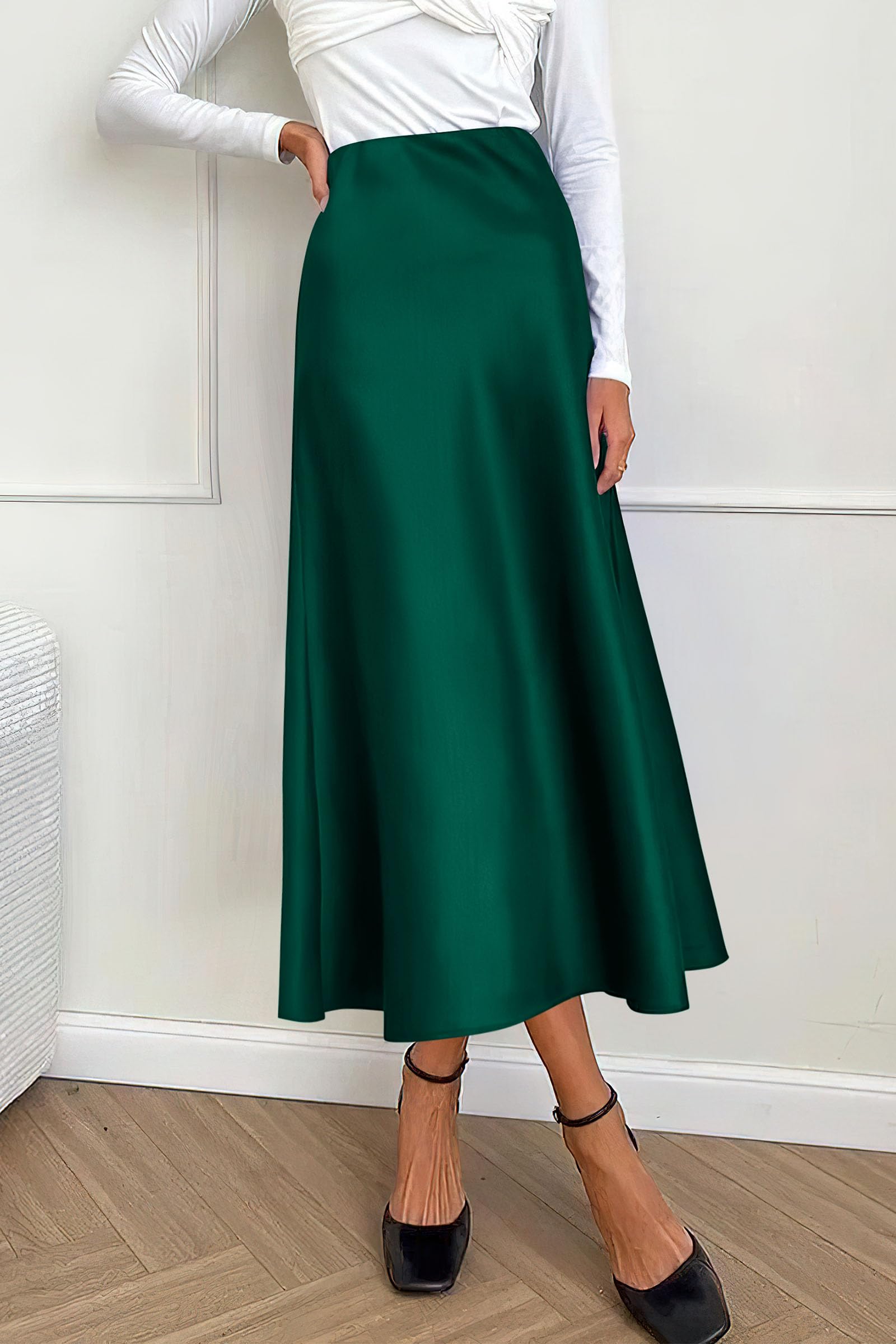 Women's Satin Midi Skirts Dressy Casual,Dark Green,S