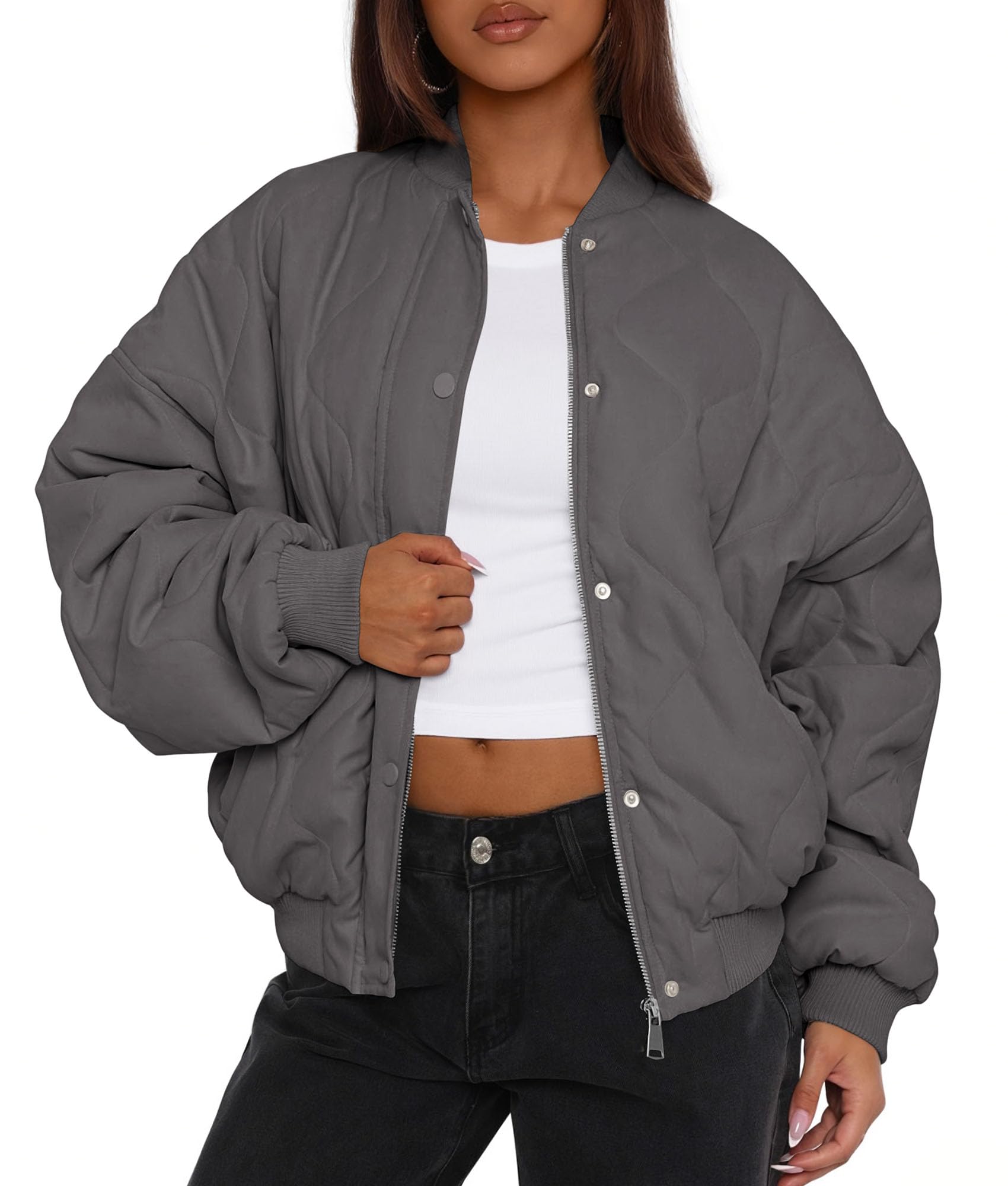 Women's Quilted Bomber Jacket Fall Fashion 2026 Lightweight Cropped Zip up Outerwear Winter Puffer Coats Pockets (Dark Grey,Small)