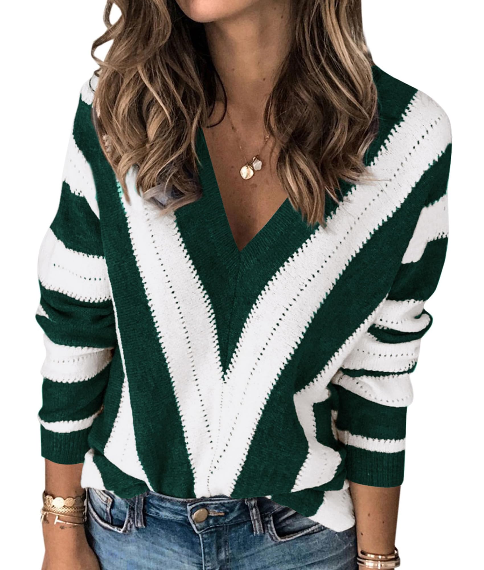 Women's V Neck Striped Knit Pullover Sweater