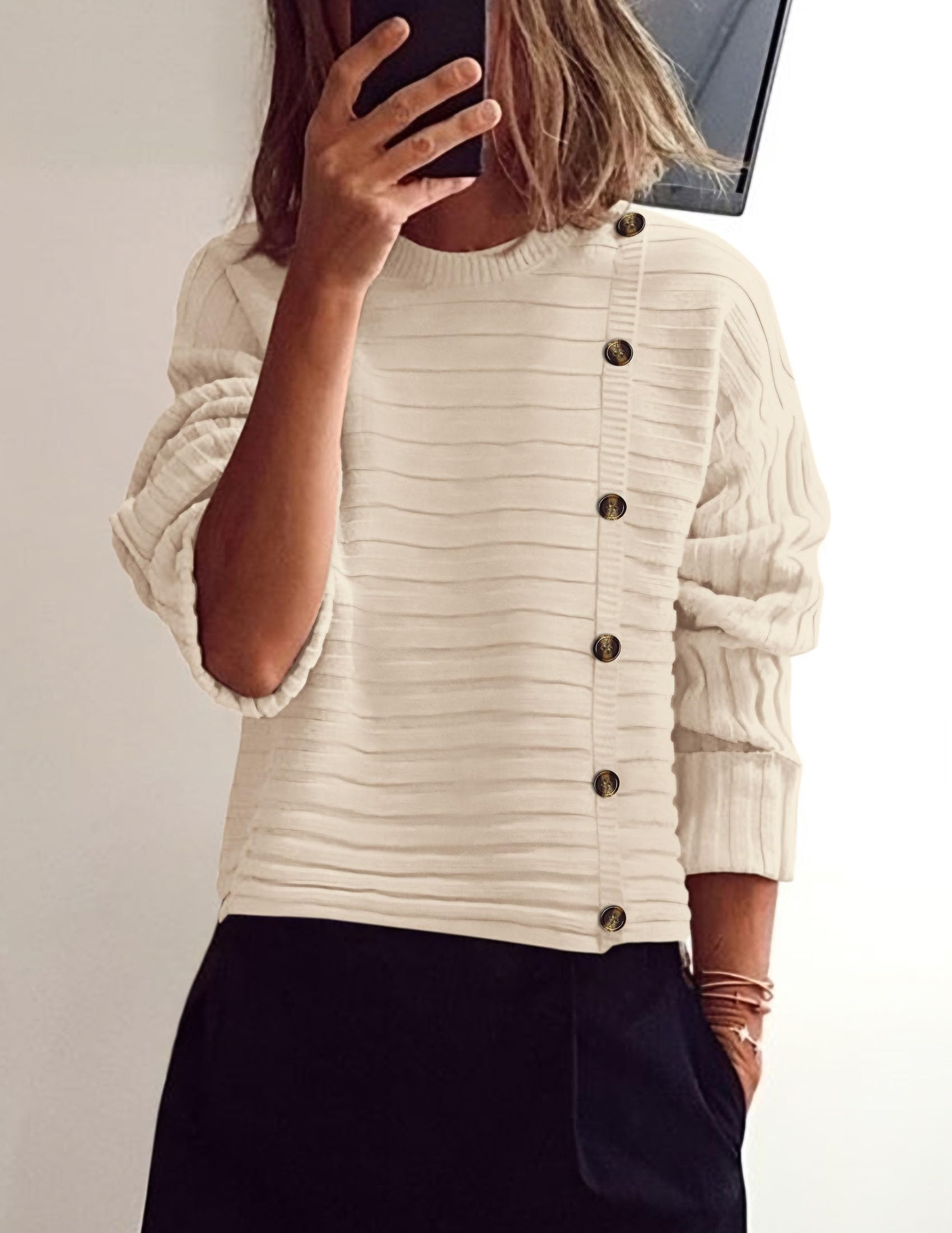 Womens Asymmetric Button Long Sleeve Sweater,Beige,S