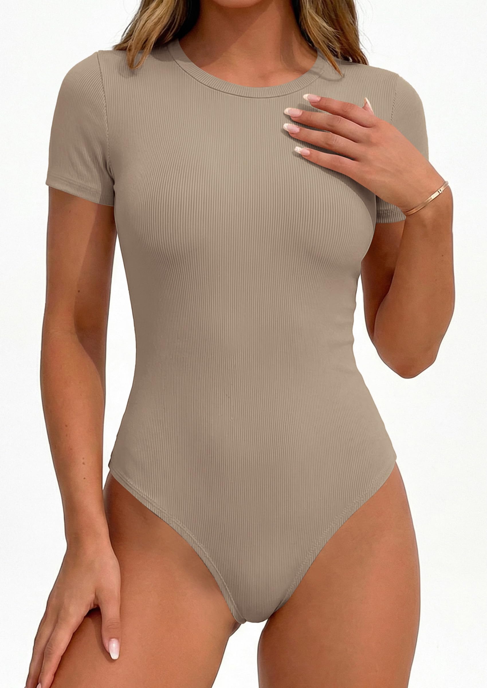 Body Suits for Womens Short Sleeve Summer Tops, Light Khaki,XS