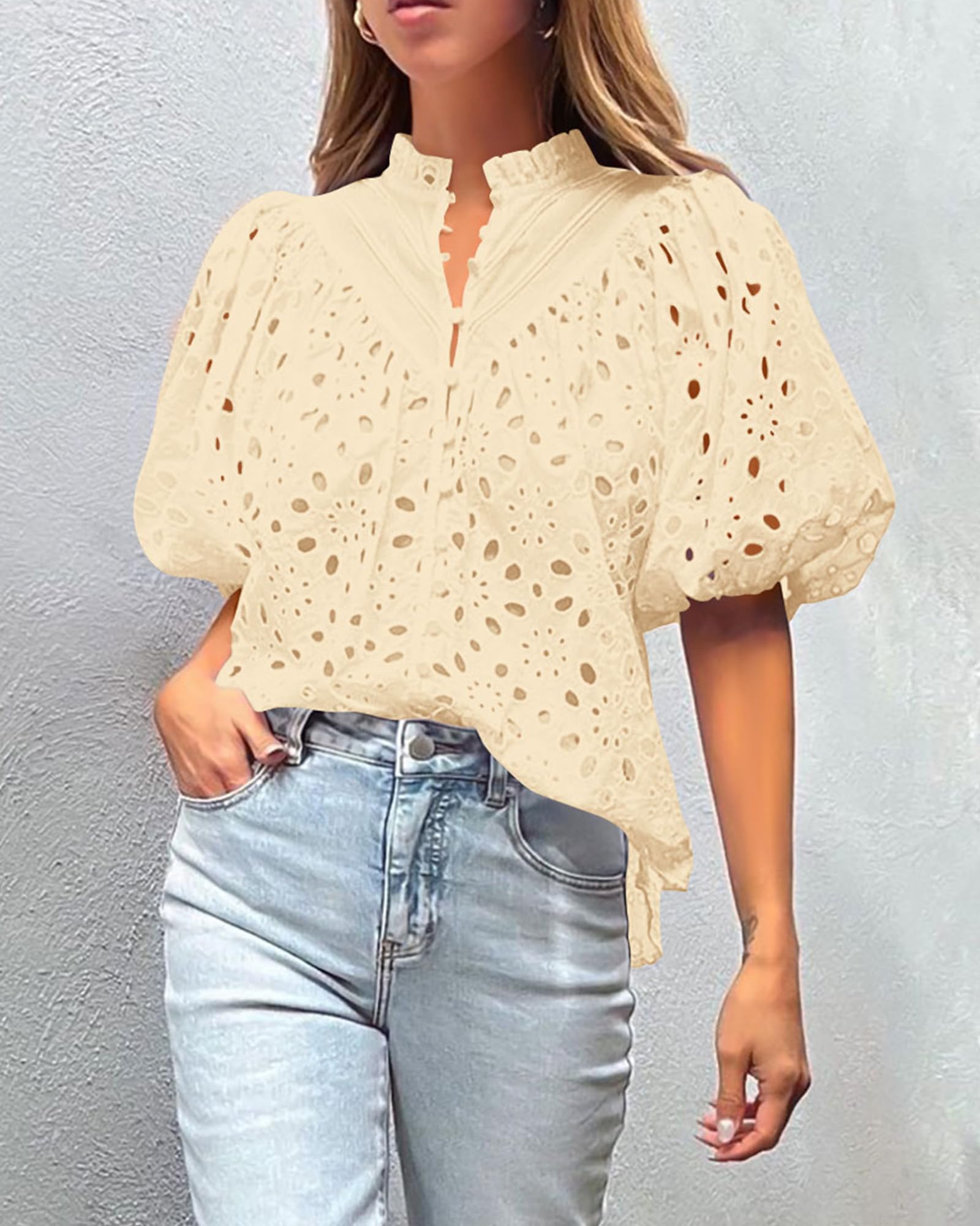 Womens Tops Boho Eyelet Puff Sleeve Blouse, Beige,S