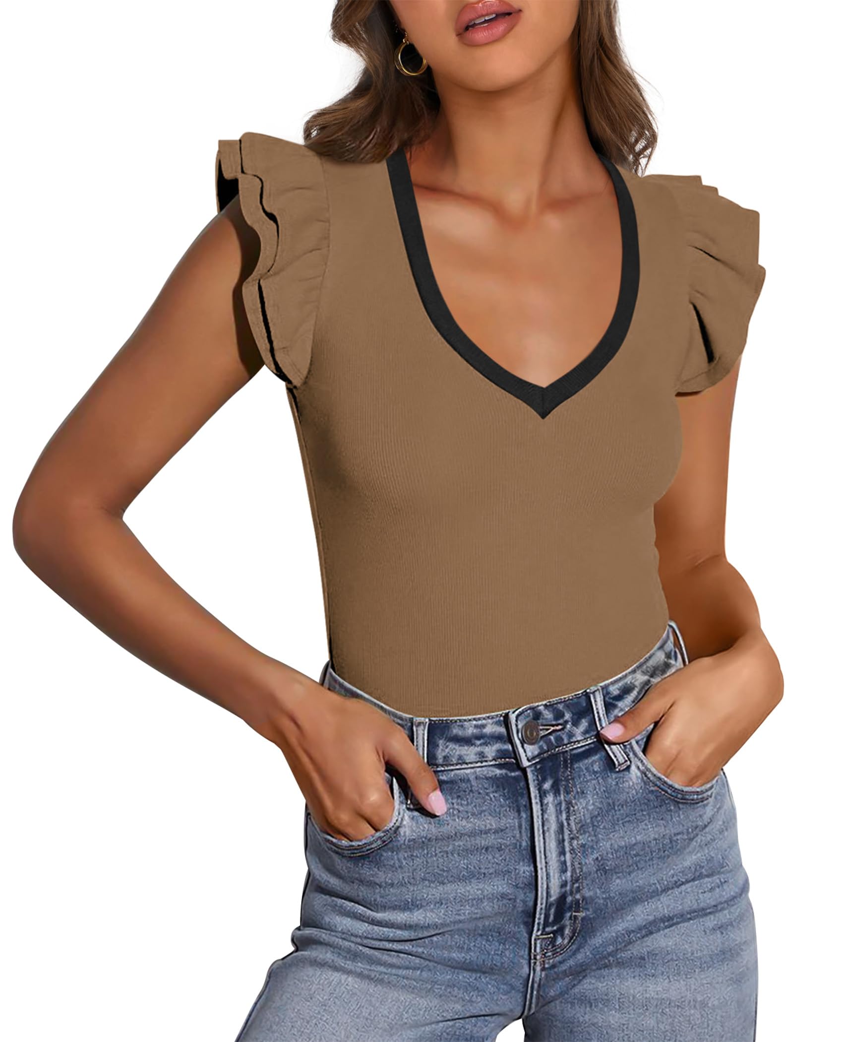 Womens Sleeveless Slim Fit T Shirts,Camel,S