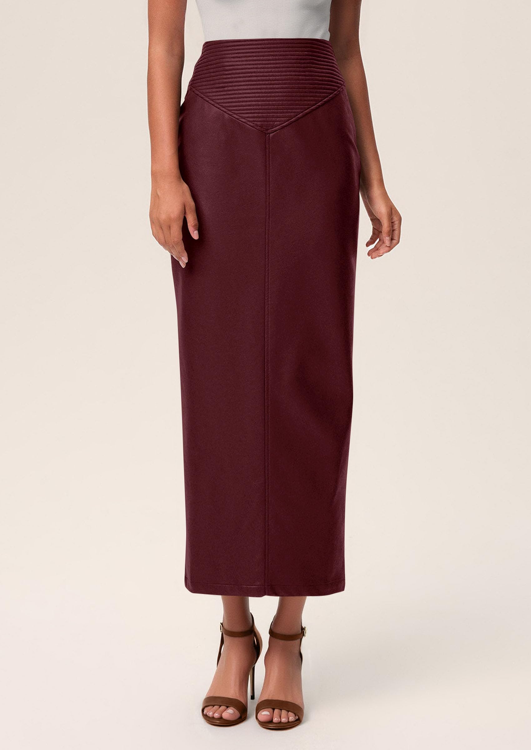 Women's Faux Leather High Waisted Maxi Skirts,Burgundy,XS