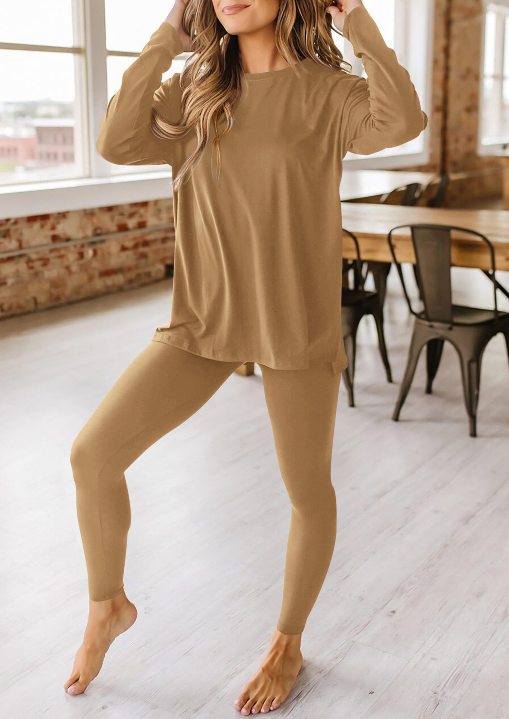 Women's 2 Piece Outfits Matching Lounge Sets,Khaki,S