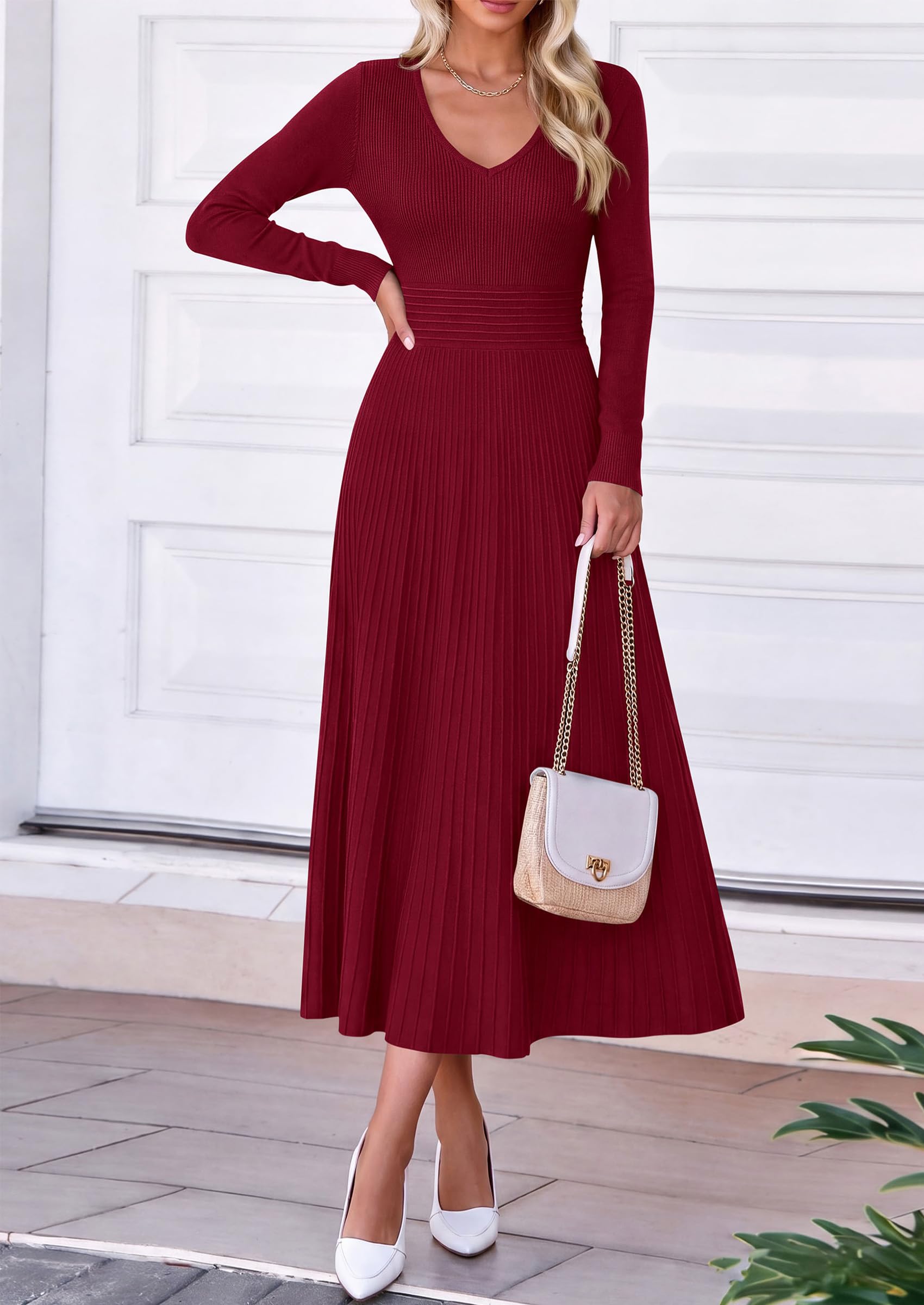Women's Fall V Neck Pleated Midi Sweater Dress,Wine Red,S